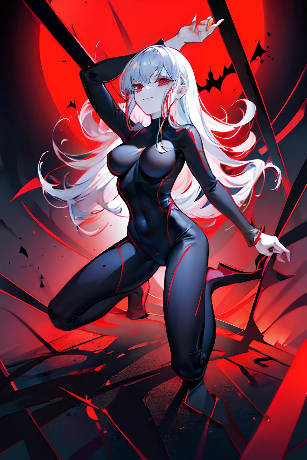 Black full body suit Red lines all over the body 3 year old girl seductiv a smile succubus turned around