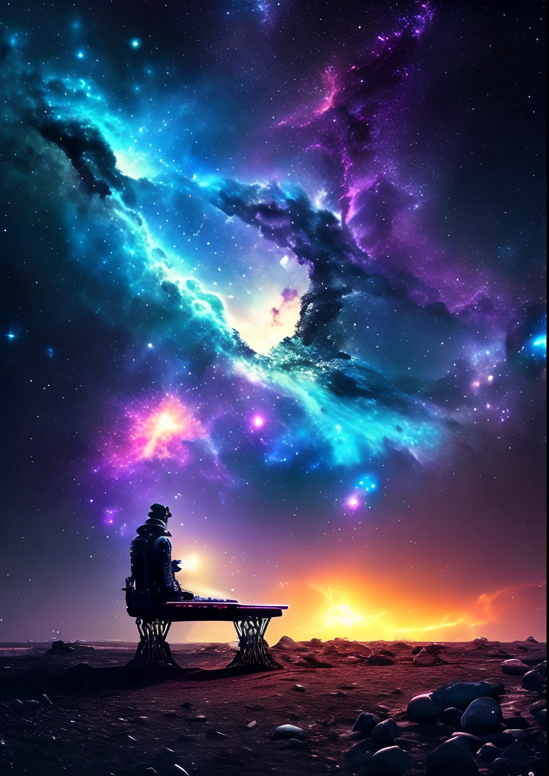 dreamlikeart, galaxy, outer space, nebula, star, [cyberpunked] Bench from the stars. (star:1.5),