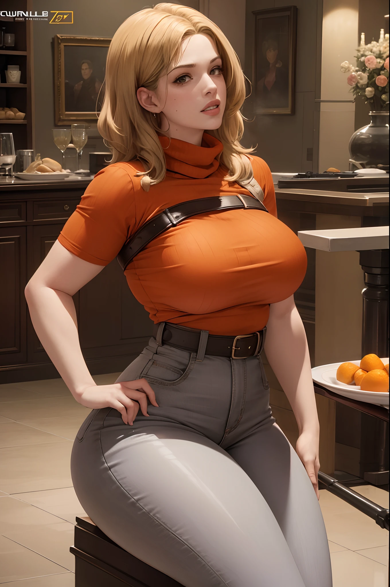 ashley graham, resident evil 4 remake, large breasts, huge breasts, massive breasts, breasts larger than head, orange sweater, orange scarf, thick thighs, female focus, blonde hair, curvilinear female, curvilinear waist, curvilinear body, short hair, ella freya, juicy body, heavy breasts, muscular abs, abs, curviliear ass, top sweater, looking at the viewer, flushed face, gigantic breasts, juicy thighs, sitting on the table, high waisted jeans skirt, grey skirt