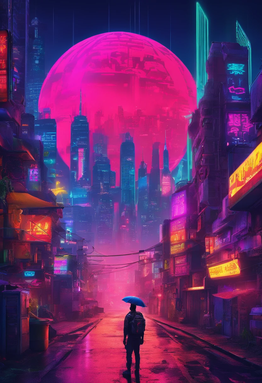 A dark punk favela and in the background a gigantic dome that houses a futuristic city