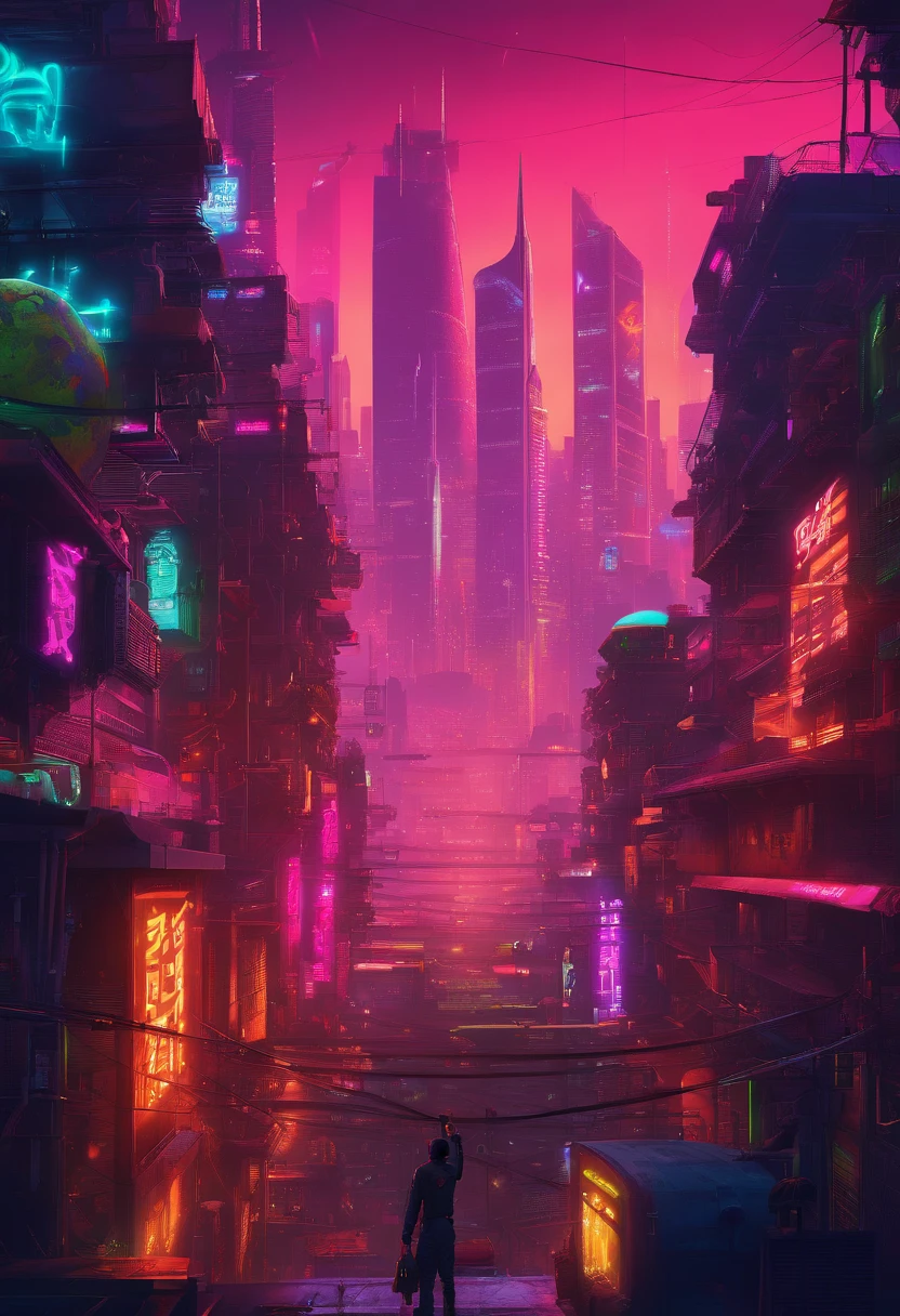 A dark punk favela and in the background a gigantic dome that houses a futuristic city
