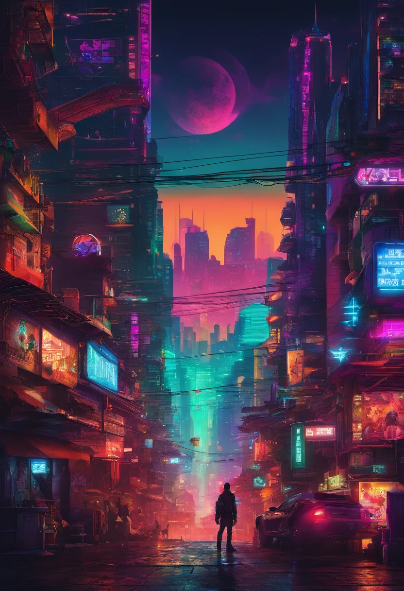 A dark punk favela and in the background a gigantic dome that houses a futuristic city