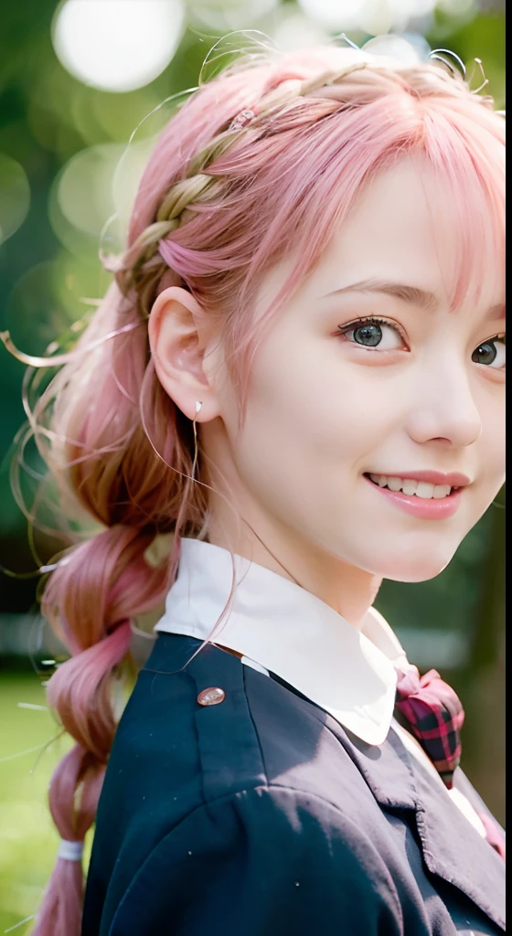 (ultra-detailliert), Tartan check jacket,high-school uniform、Blue eyes,The upper part of the body、a closeup、faces、(A smile:1.5),(facing front:1.2), 20yr old, teens girl,no tail,(no tail),2D, masterpiece, top-quality, animesque, A detailed eye, A detailed face, girl with, Only 1 person,Medium hair with pink hair, (Pink hair), Ear Hair, small tits, Single braid, (Single braid), (Side braid), Pink ribbon, Ribbon around the neck, Background bokeh