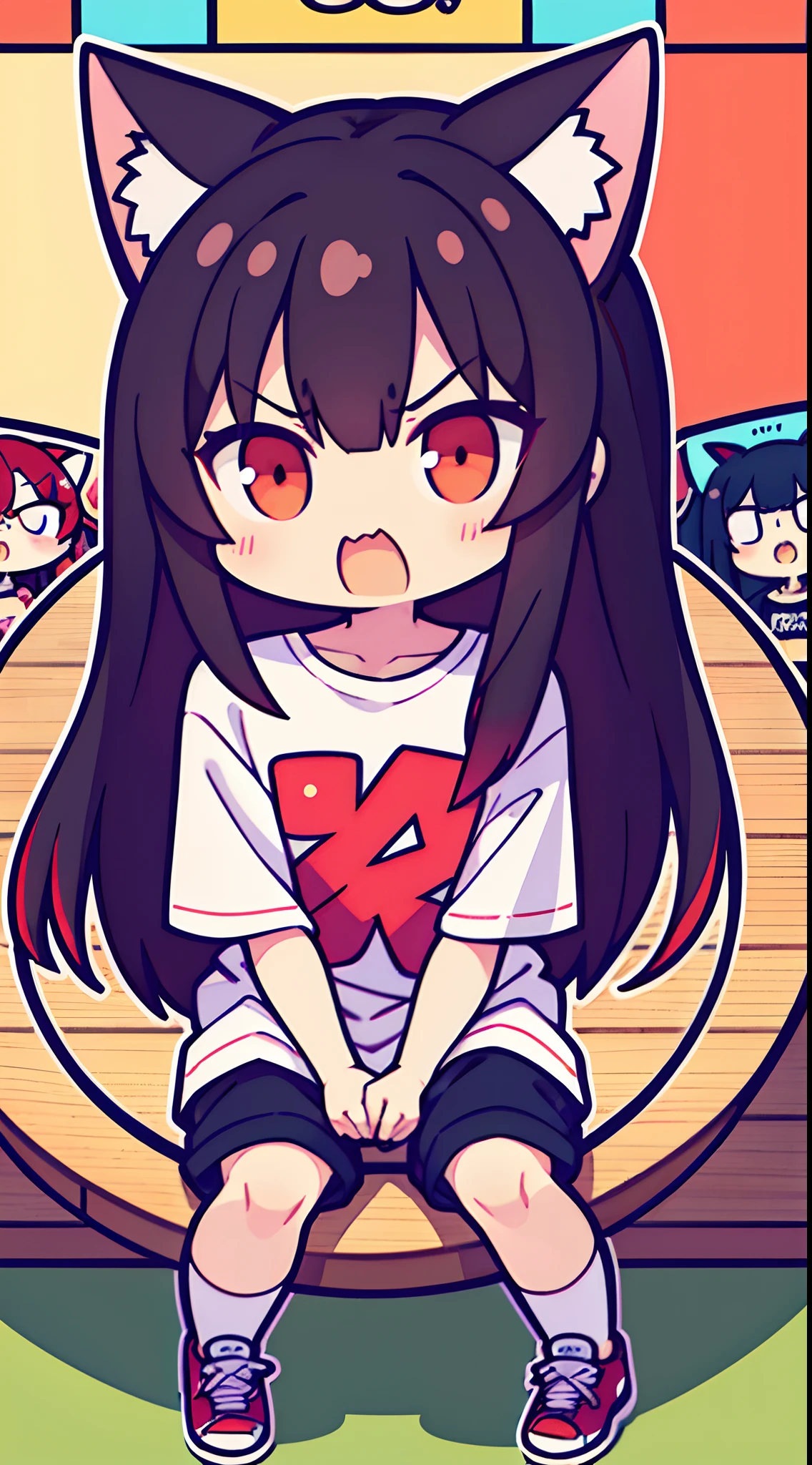 (Best Quality,4K,High resolution), There are two portraits,Cat girl and human girl,Red mesh hair on black hair, Long hair, Straight hair,a girl in,Cat's ears , red hairs,long,Straight hair,Cat Girl,Comical appearance,Bustling background,astonished face,get angry,big eye,comic strip,animesque,Comical illustration,Look at viewers,Sitting wildly,oversize tshirt,shortpants,Deformed cute illustration