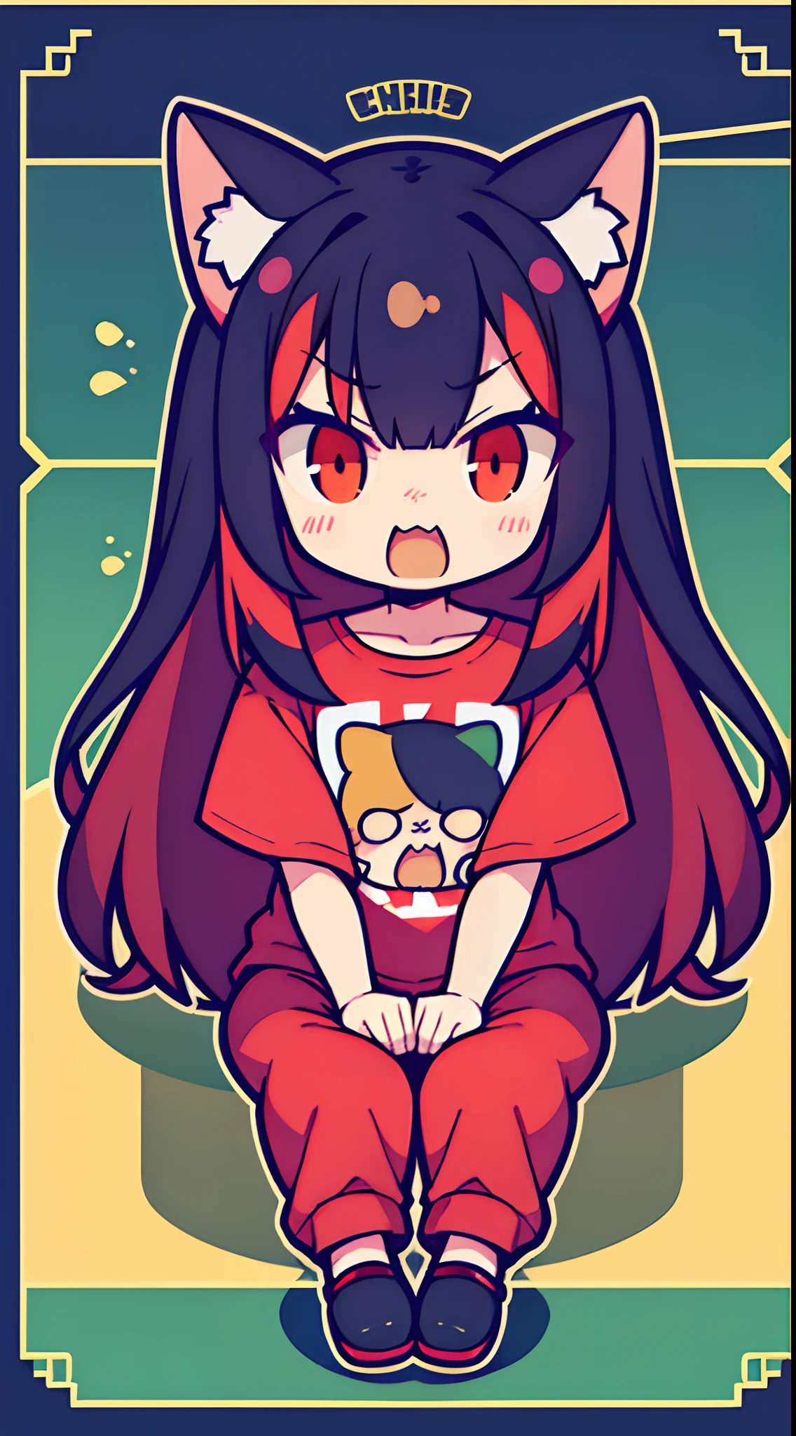 (Best Quality,4K,High resolution), There are two portraits,Cat girl and human girl,Red mesh hair on black hair, Long hair, Straight hair,a girl in,Cat's ears , red hairs,long,Straight hair,Cat Girl,Comical appearance,Bustling background,astonished face,get angry,big eye,comic strip,animesque,Comical illustration,Look at viewers,Sitting wildly,oversize tshirt,shortpants,Deformed cute illustration
