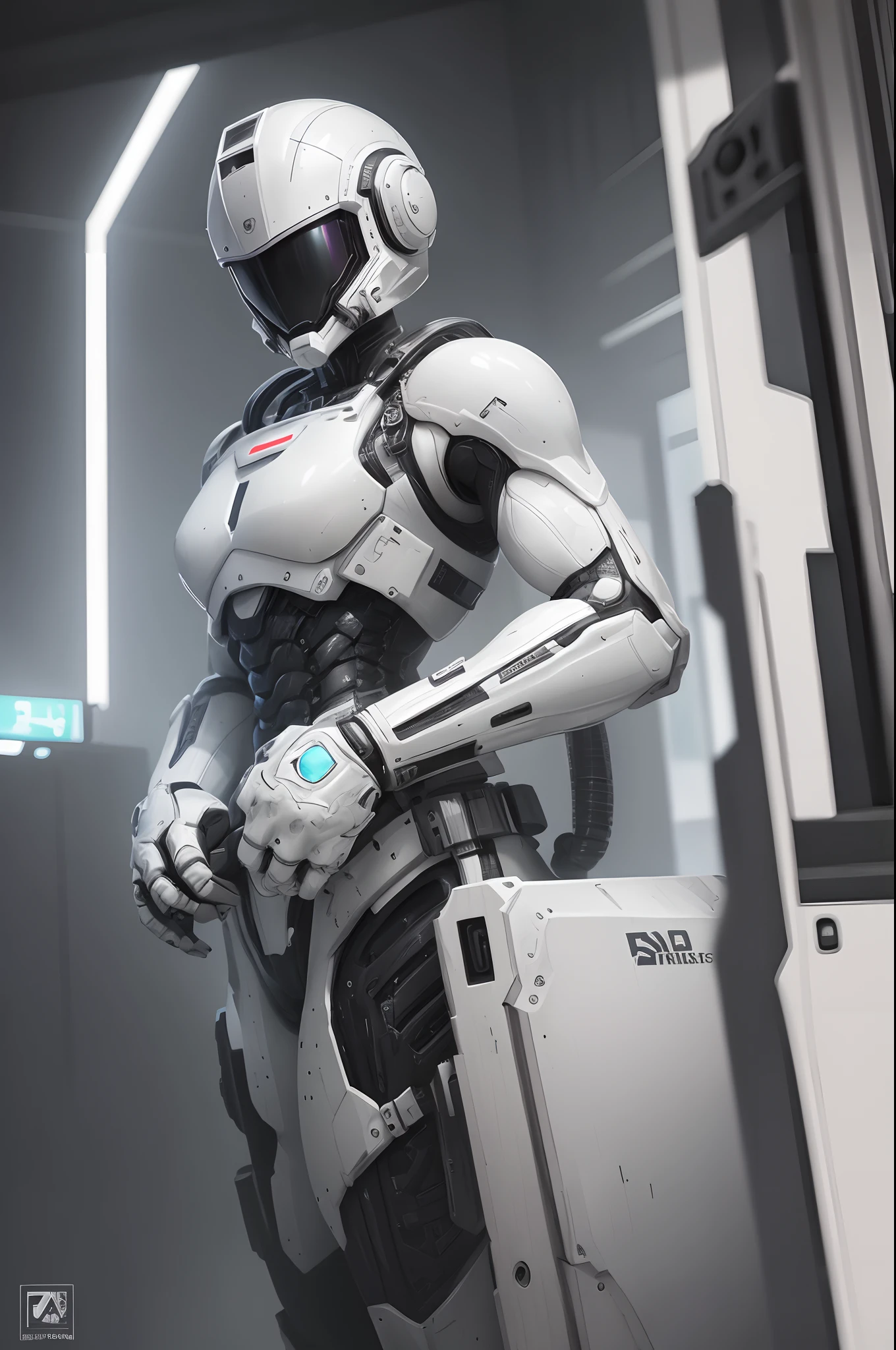 Realistic white combat android in an advanced cybernetic suit with cyberpunk technological helmet and visor
