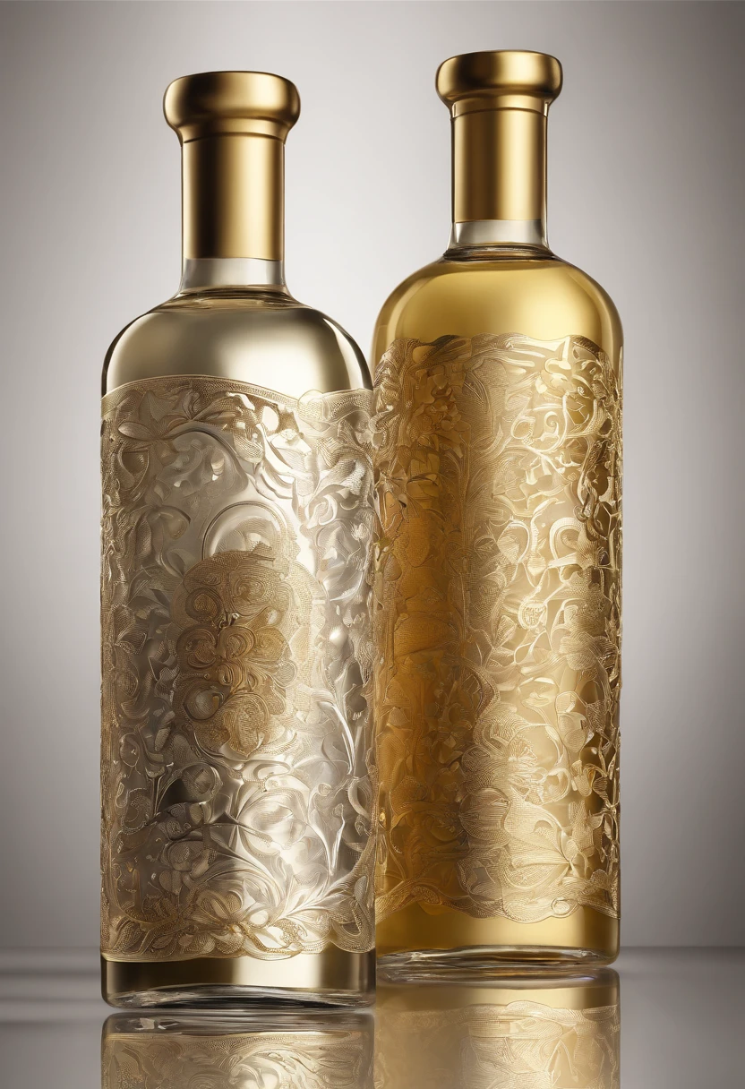 Alcohol advertising，High-end bottled wine，Simple，atmospurate，Fine，It is mainly golden yellow，gold filigree，The contents contain the outer bottle，The bottle is in a delicate gift box，White background 8k, HD --ar 3:4 --s 750