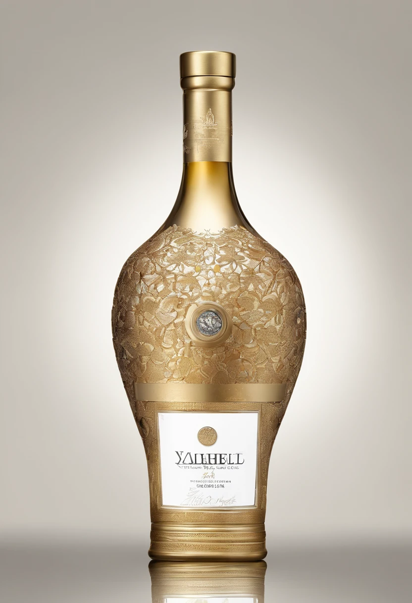Alcohol advertising,High-end bottled wine,Simple,atmospurate,Fine,It is mainly golden yellow,gold filigree,The contents contain the outer bottle,The bottle is in a delicate gift box,White background 8k, HD --ar 3:4 --s 750