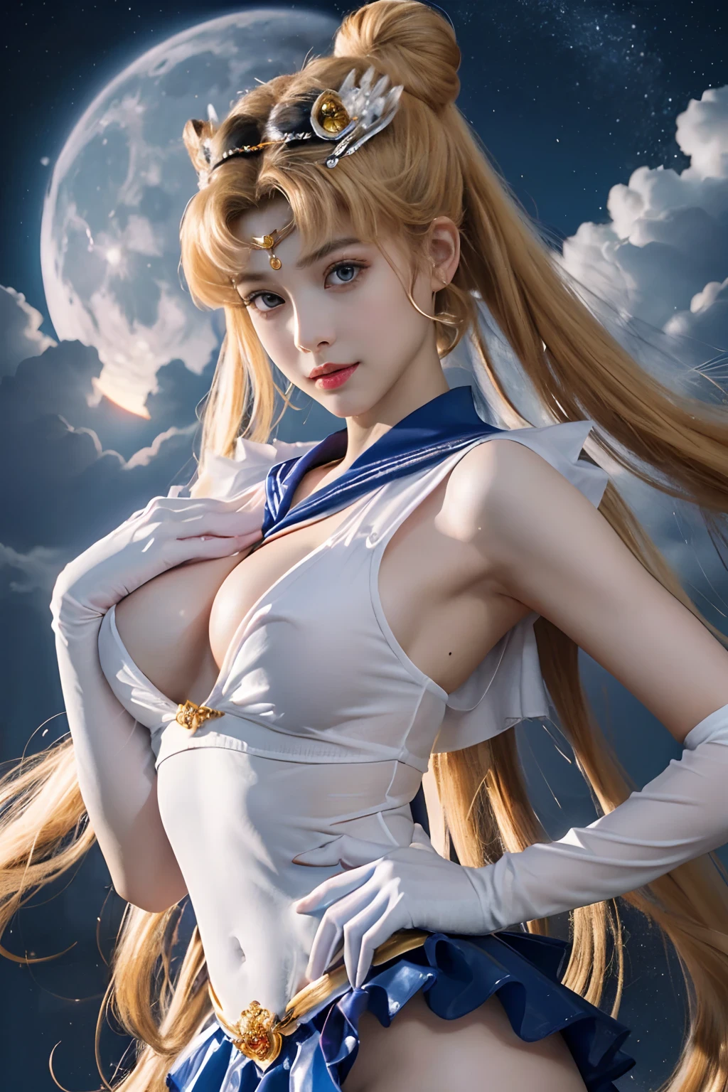 NSFW,masutepiece、ful:1.3、stands、8K、。.。.3D、realisitic、Ultra Micro Photography、top-quality、Wallpapers with extreme details CG Unity 8K、frombelow、intricate detailes、(1 female)、18year old、(Sailor Moon:1.6 Super Bishoujo Senshi Sailor Moon Mer1、meishaonv,tiarra、Sailor Senshi Uniform Sailor:1.5、sailormoon:1.5,Eternal Sailor Moon)、(Incredibly long bright twin-tailed blonde:1.4、Thin and very long straight twin tail blonde, Hair buns、Red round hair ornament in a hair bun)、((Sailor Senshi Uniform、Blue collar, Blue sailor color,Blue pre-gate mini skirt:1.5、Glossy blue pleated mini skirt:1.3、Nothing to cover the chest:1.5、Chest bare:1.8、I'm exposing my chest:1.5、bored、erectile nipple、thick areola:1.2、Long white latex gloves,Red gloves on the elbows、Luxurious golden tiara on forehead、耳Nipple Ring,Luxurious Golden Jewelry))、Very thin and fit high gloss white holographic leather、High Gloss White Latex High Leg Swimsuit That Shines Like Oil,(Details of face:1.5、Bright blue eyes、Beautiful expression、beautidful eyes、Outline of the iris, shinny eyes、thin lipss:1.5、thin and sharp pale eyebrows,、long dark eyelashes、Double eyelashes、Thin, thin and muscular,,,,,,、a small face、tall and large chest、perfectly proportions、big breasts thin waist、SEXY Model Pose、Dynamic Poses,Visible Pore、seducting smile、perfect hand:1.5、octan render、highly dramatic picture、(Lunar divinity,cosmic background、rays of moonlight、a moon、Dynamic backgrounds、exquisite lighting and shadow、dynamic ungle、细致背景),Strong natural light、sunlights、Digital SLR、foco nítido: 1.0、Maximum clarity and sharpness、