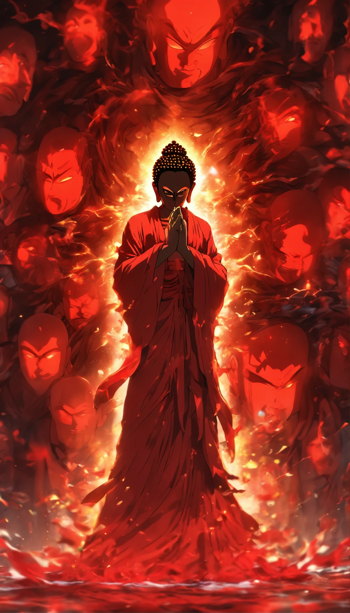 Blood red room, Flashing white TV screen, BUDDHA STATUE, cabelos preto e longos, with hair dishevelled, Cover one eye and face, Bright red eyes, Wearing a white transparent robe, Looming full breasts,liquor,Devil, reaching out her hands,Straighten your body, Red nails are exposed, Pinch the camera, hyper HD, Anatomically correct, Textured skin, Super detail, High details, High quality, A high resolution, 8K, hyper HD, Anatomically correct, Textured skin, Super detail, High details, High quality, Best quality, 8K,Leishnampo,Room 2,Horror