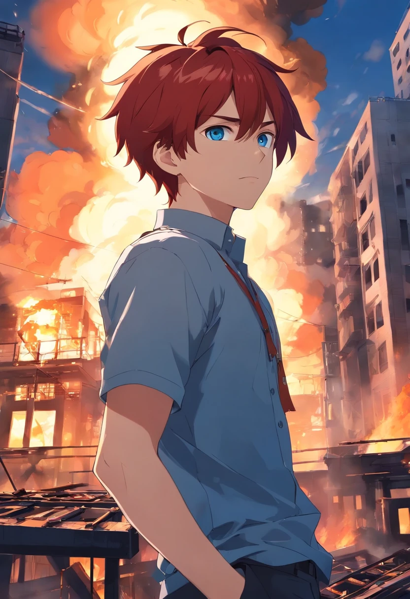 A young man with red hair is vibrant blue eyes in a black and white outfit high on a burning building