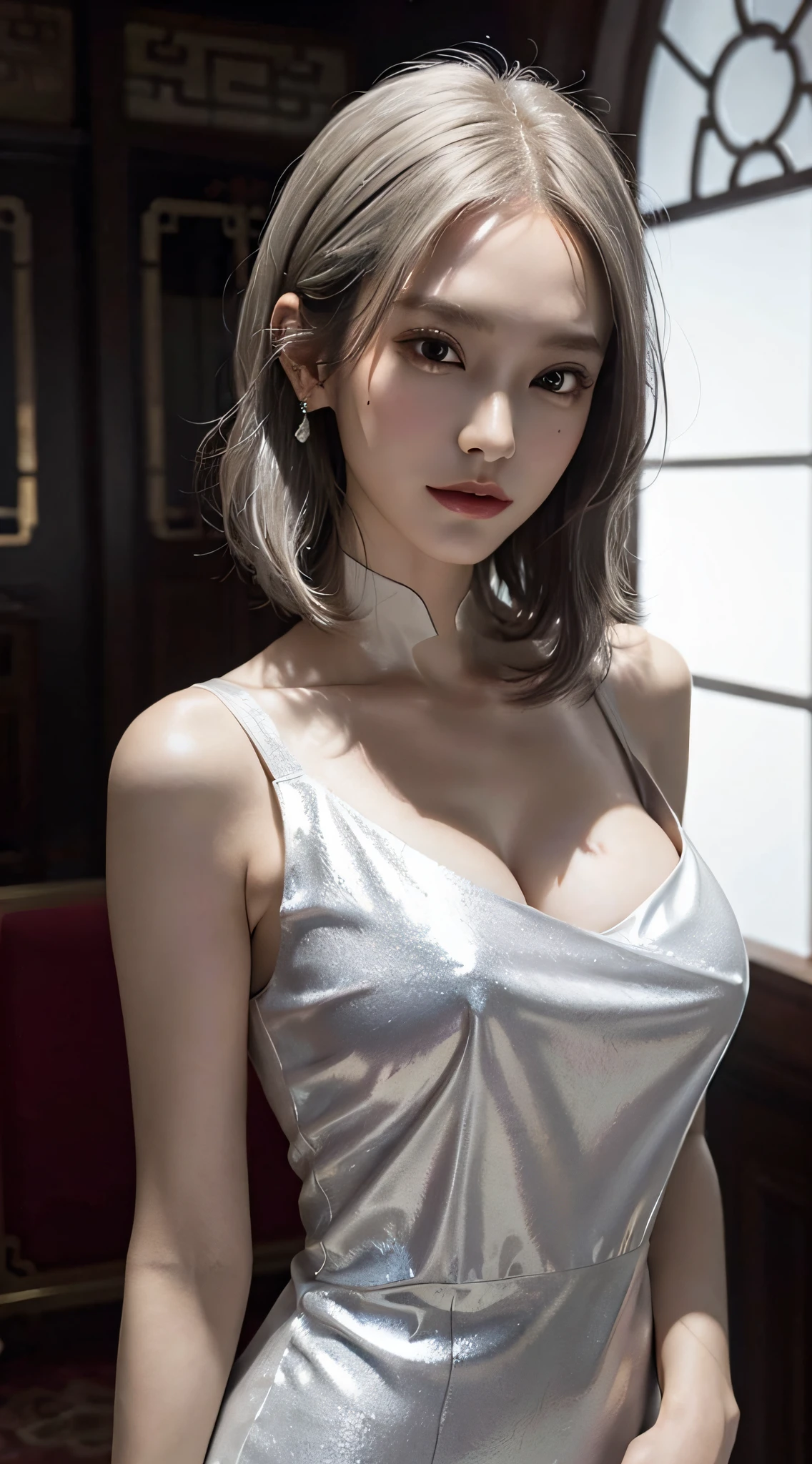 (very huge round breasts:1.6), (full body:1.3), (white bronze hair:1.3), (china dress:1.4), extremely delicate and beautiful, masterpiece, Best Quality, ultra high resolution, 16k, Photorealistic, ultra-detailed, Very detailed CG 8k wallpaper, Beautiful Lighting, Perfect Lightning, Realistic Shadows, anatomically correct, Detailed shiny skin, perfect figure, Latino, late 20s, Slim body, Slim abdomen, small head, handsome detailed woman, very detailed eyes and face, realistic face proportions, Stunning detailed eyes, Realistic small beautiful face, Realistic small beautiful eyes, double eyelids, makeup, tearful mole, mole on chest, earring, short wavy hair, (cleavage:0.8), bare legs, (Soft midriff:0.8), Fine Collarbone, beautiful and very thin legs, beautiful and very thin thighs, (off-shoulder:0.8),