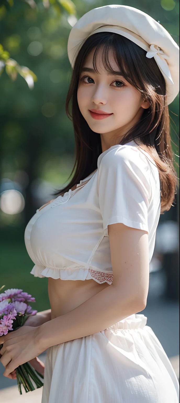 Medium view, Medium shot, Depth of field, Bust, Upper body, Movie Angle, Masterpiece, Best quality, Super detailed, CG, 8K wallpaper, Beautiful face, Delicate eyes, A maiden, Solo, Smile, bangs, Skirt, shirt, Hat, dress, bow, petals, Bouquet，huge tit，crisp breasts，Big breasts，cleavage，a plump buttocks，Cocked buttocks，Toned abs