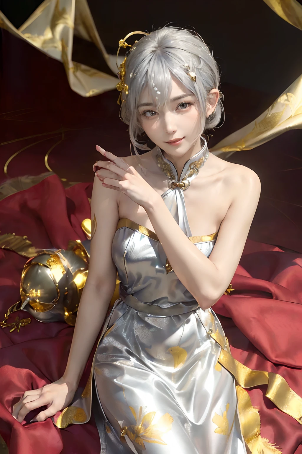 ((top-quality、8K、masterpiece:1.3)), (Cute pattern in gold leaf, Delicate workmanship, hair adornments, Red shiny cloth:1.4, qipao dress:1.5), Clear, Fine-grained skin、Beautiful clear eyes、cleavage of the breast、Carefree and natural smile、(a pixie cut,Silver hair:1.5)、(Hair disheveled in the wind:1.3)、、Beautiful girl with a smile、(thin-waist:1.3)、(Dynamic and provocative poses:1.2)、