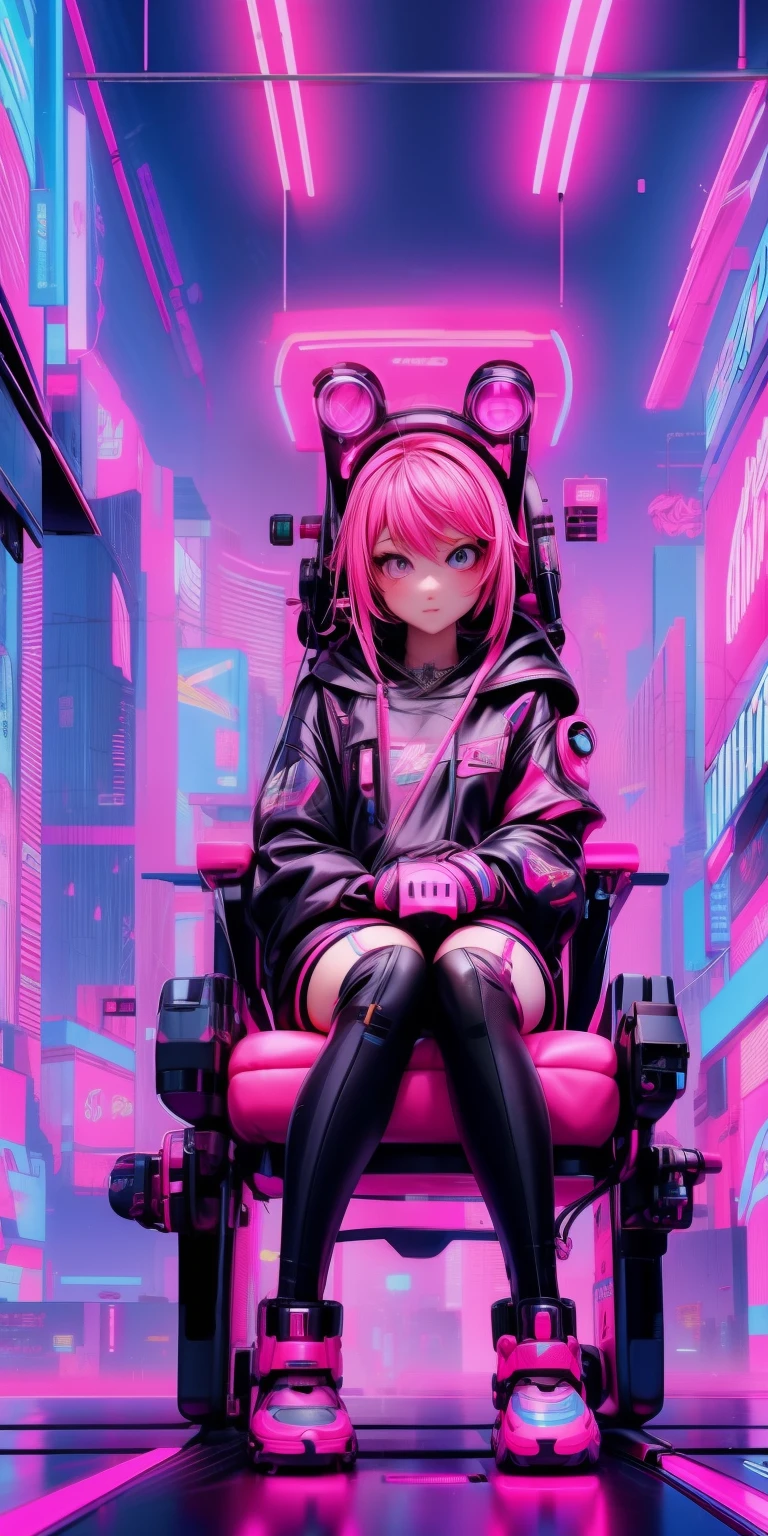 anime girl with pink hair sitting on a chair in a neon city, cyberpunk anime girl in hoodie, cyberpunk anime girl, anime style 4 k, anime cyberpunk art, best anime 4k konachan wallpaper, digital cyberpunk anime art, female cyberpunk anime girl, digital cyberpunk - anime art, cyberpunk anime art, anime cyberpunk, cyberpunk streetwear, cyberpunk art style