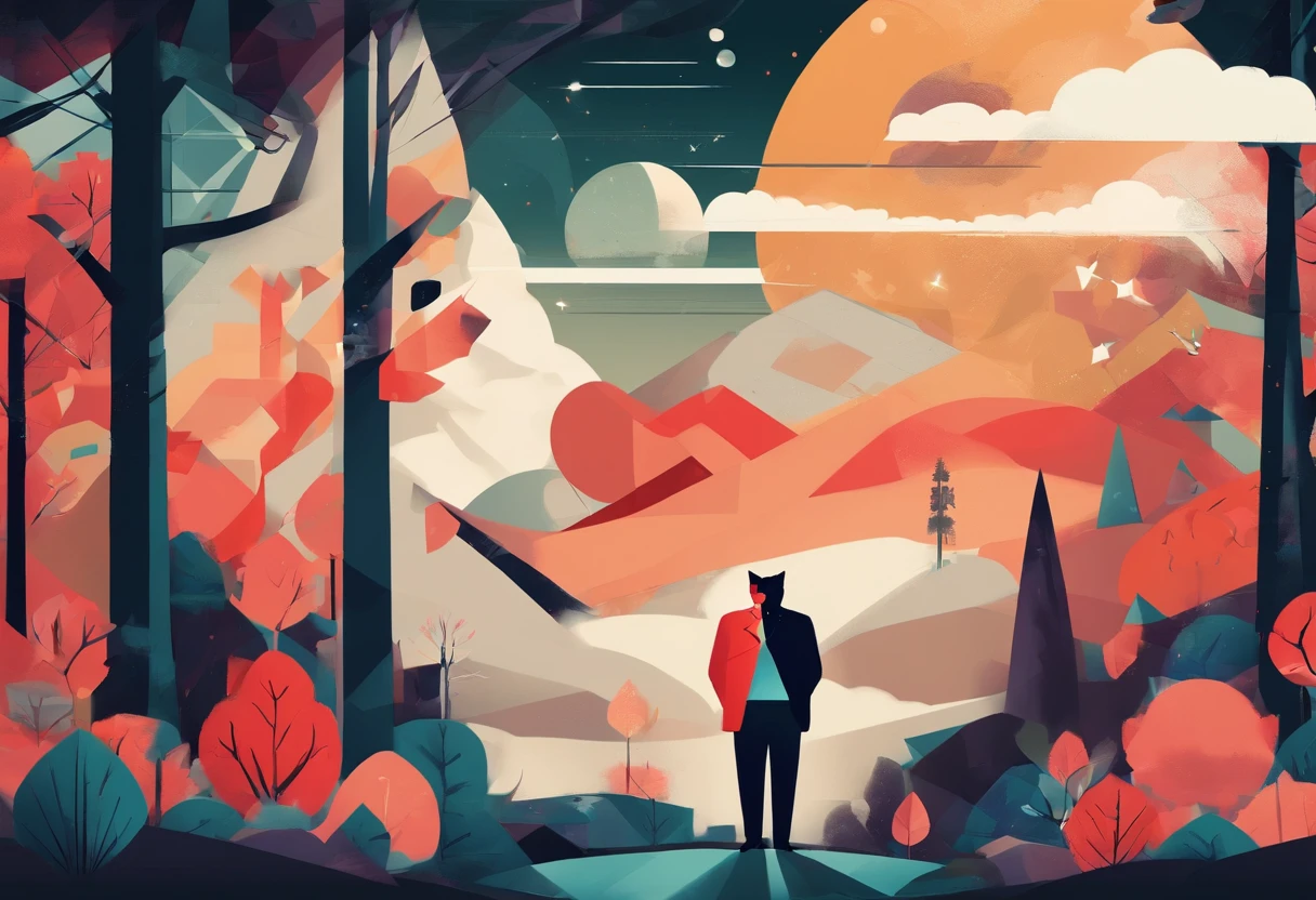 masterpiece, best quality, a fat cat with middle aged man in forest, moon, morning