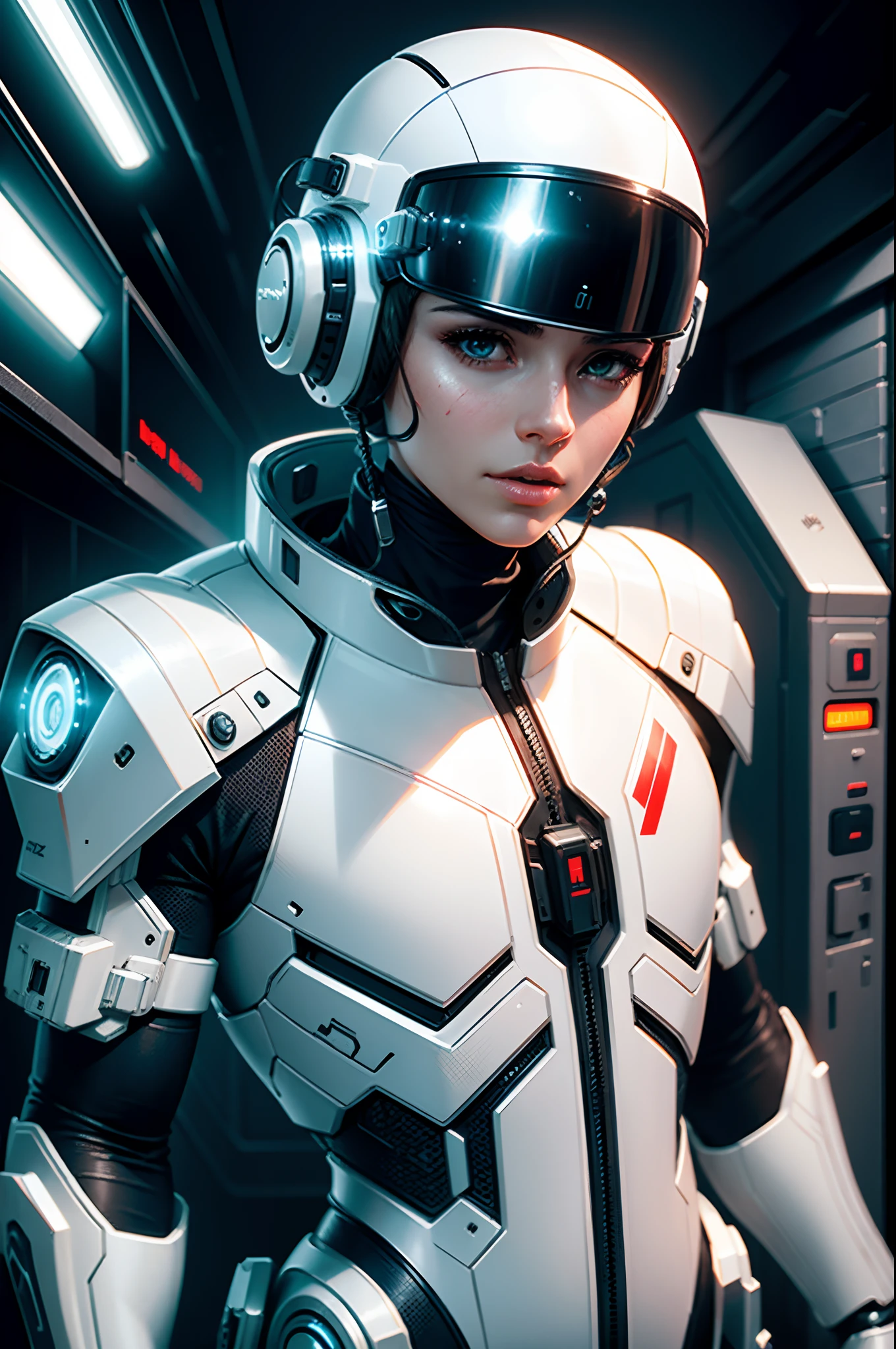 Realistic white combat android in an advanced cybernetic suit with cyberpunk technological helmet and visor