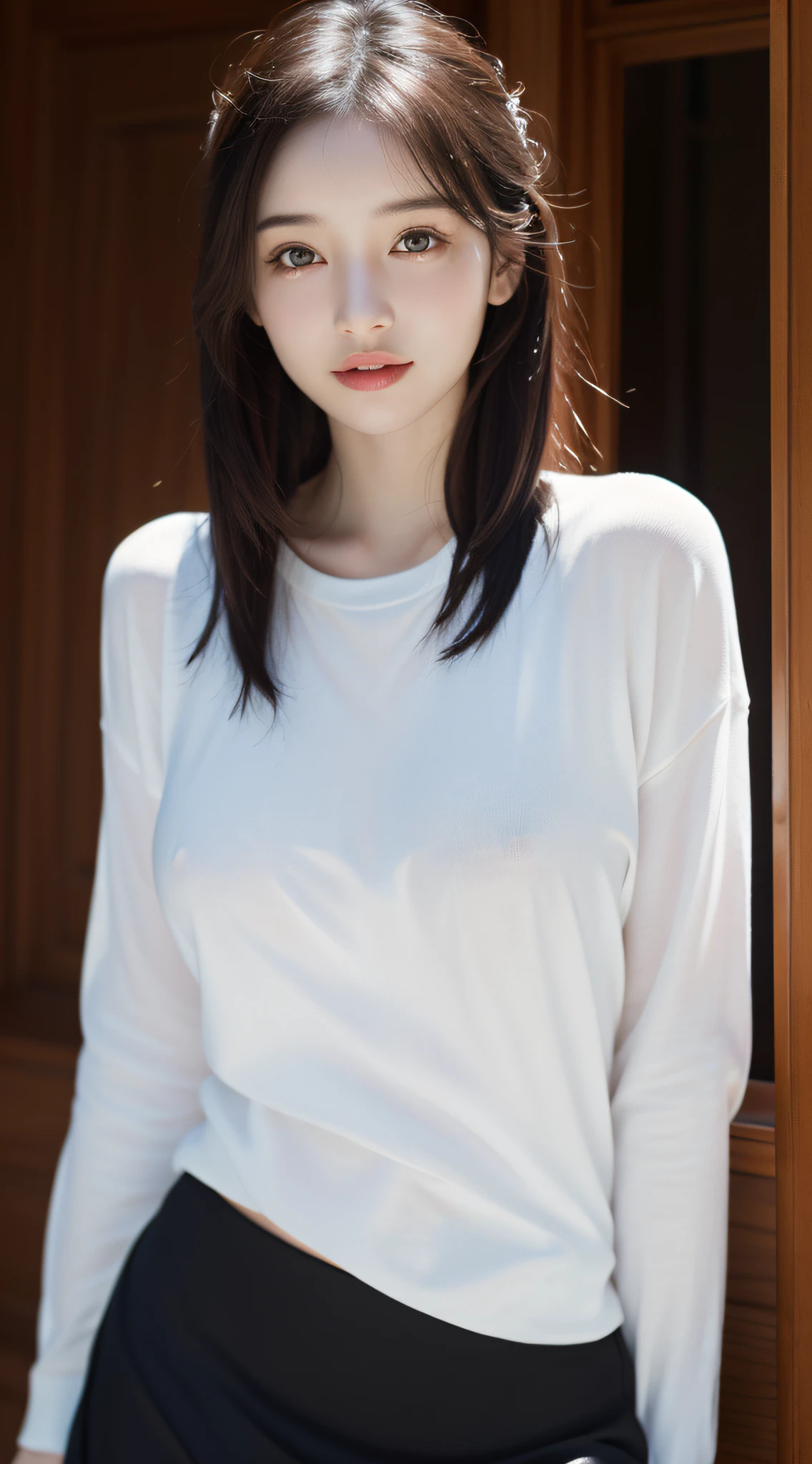 (realistic, photo-realistic:1.37),(8k, RAW photo, best quality, masterpiece:1.2), cute, ultra-detailed, heart-shaped pupils, physically-based rendering, ultra high res, looking at viewer, photorealistic, realistic, solo, photorealistic, best quality, ((micro areola)), extremely detailed face, extremely detailed eyes and face, beautiful detailed eyes, haunting smile, childish looks, Messy hair, floating hair, slender, slender arms, big breasts, erected nipples, ((no brassieres)), (sheer summer sweater), (mini skirts), total body,