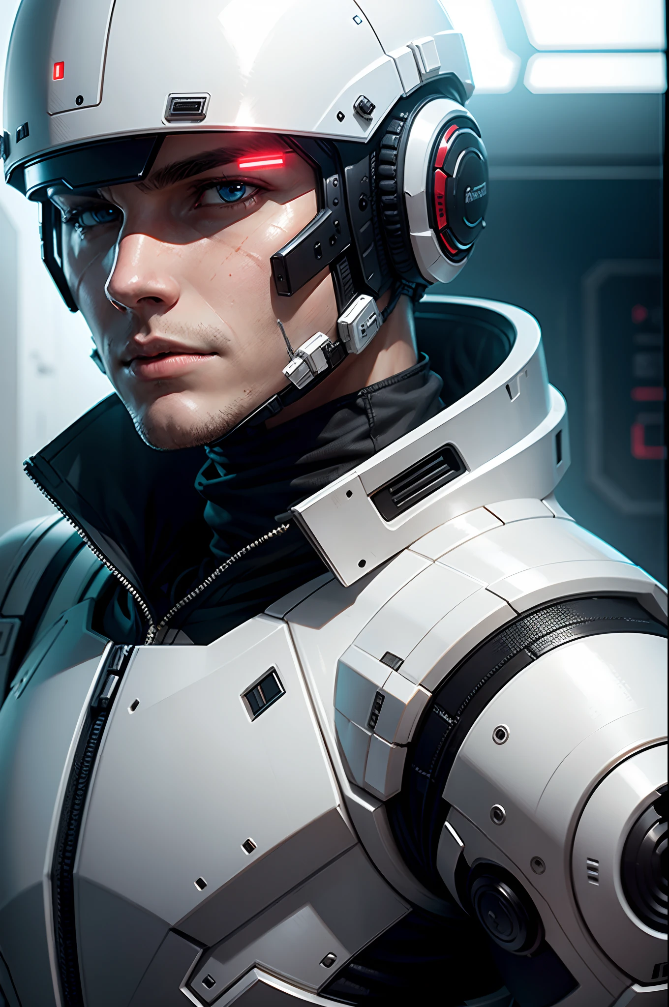 Realistic white combat android in an advanced cybernetic suit with cyberpunk technological helmet and visor