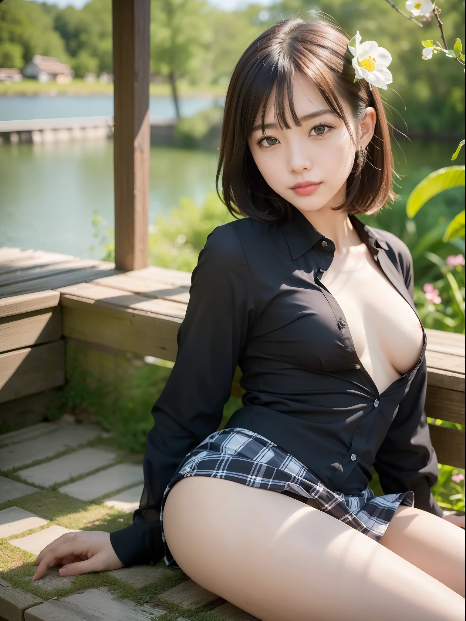 ((of the highest quality, 8K, masutepiece: 1.3, Raw photo)), Sharp Focus: 1.2, (1 AESPA Girl :1.1), Solo, (Realistic, Photorealistic: 1.37), (Face Focus: 1.1), Cute face, hyperdetailed face, (short messy hair: 1.2), Small Smile, Small breasts, flat chest, nude, (taking off her chiffon button down black shirt and skirt, chiffon panties: 1.3), Thigh, Picturesque lakeside cottage surrounded by nature, flower, Cattleya