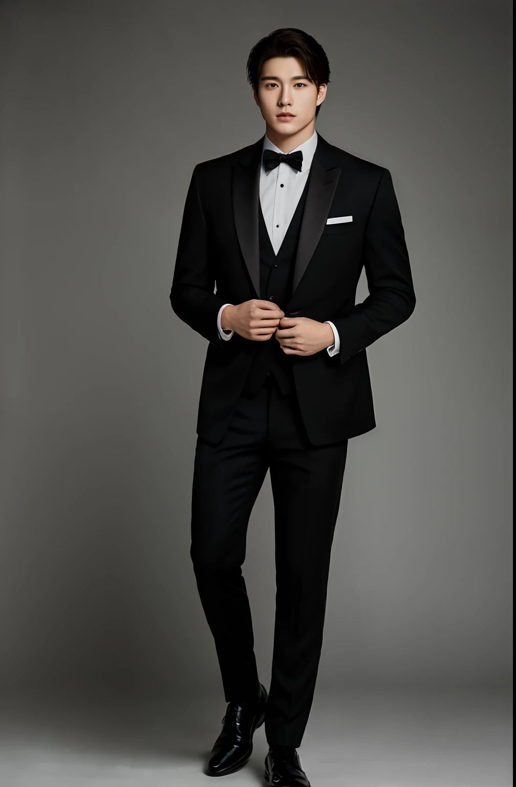 1man, a 25-year-old muscular man, wears a black suit, formal suit, soft lighting, masterpiece, best quality, 8k ultra high definition, Midjourney realisti, full body