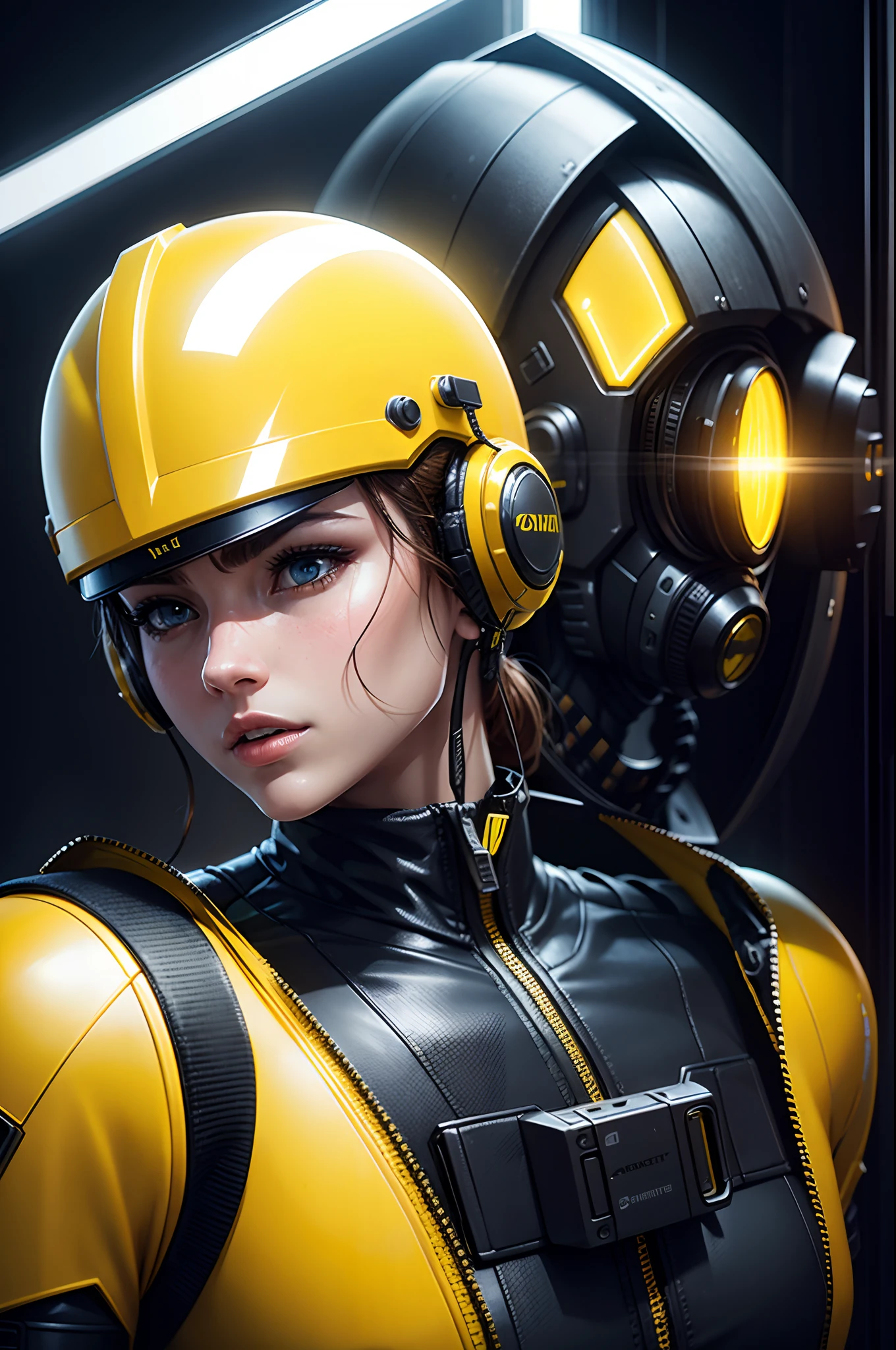 Realistic Yellow combat android in an advanced cybernetic suit with cyberpunk technological helmet and visor