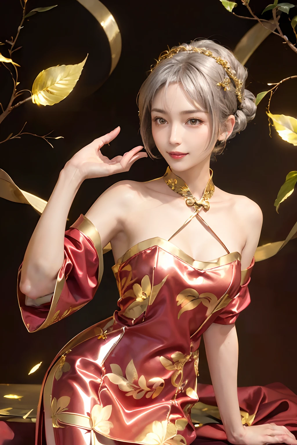 ((top-quality、8K、masterpiece:1.3)), (Medium bob,Silver hair:1.5), (Cute pattern in gold leaf, Delicate workmanship, hair adornments, Red shiny cloth:1.4, qipao dress:1.5), Clear, Fine-grained skin、Beautiful clear eyes、cleavage of the breast、Carefree and natural smile、(Hair disheveled in the wind:1.3)、、Beautiful girl with a smile、(thin-waist:1.3)、(Dynamic and provocative poses:1.2)、