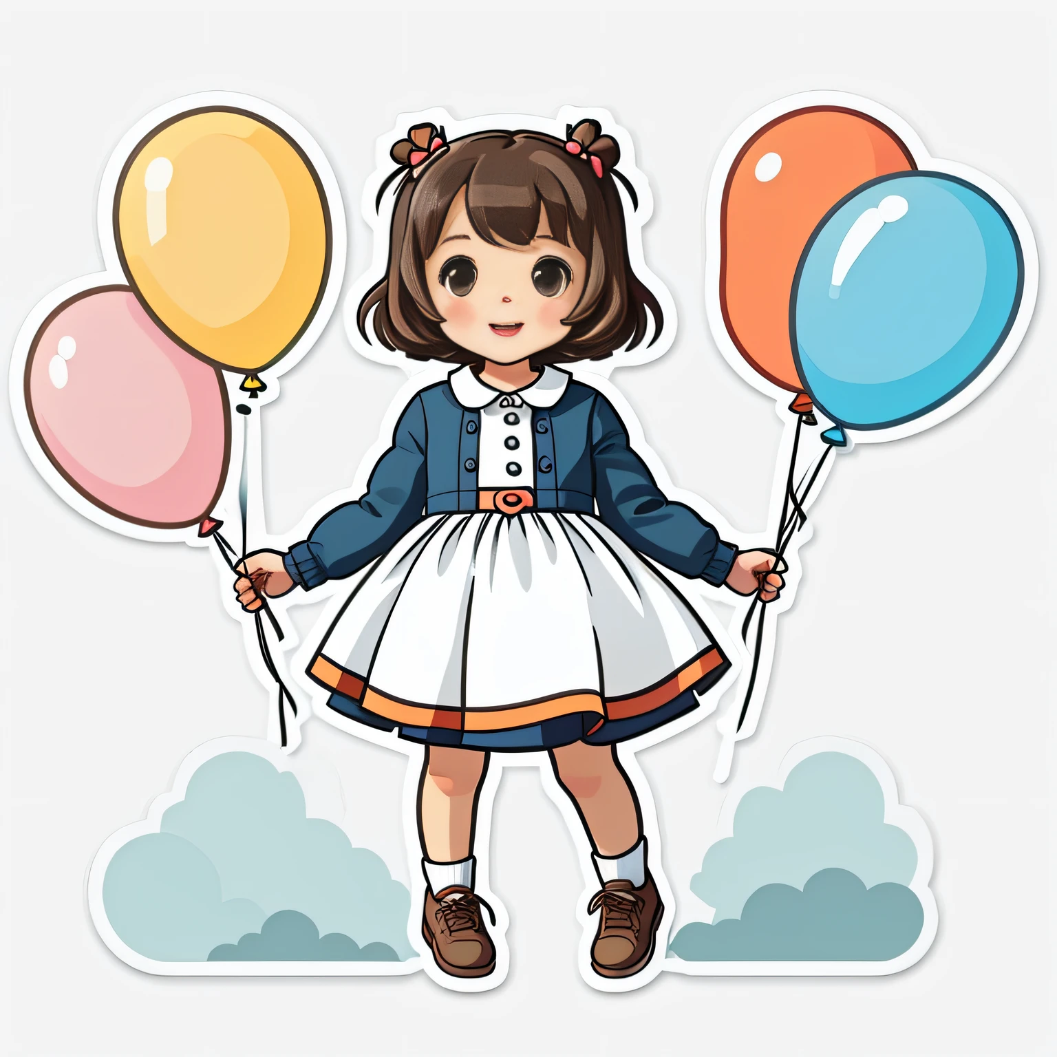 a sticker,balloons, Flat design, girl with,White background, Cute, kawaii