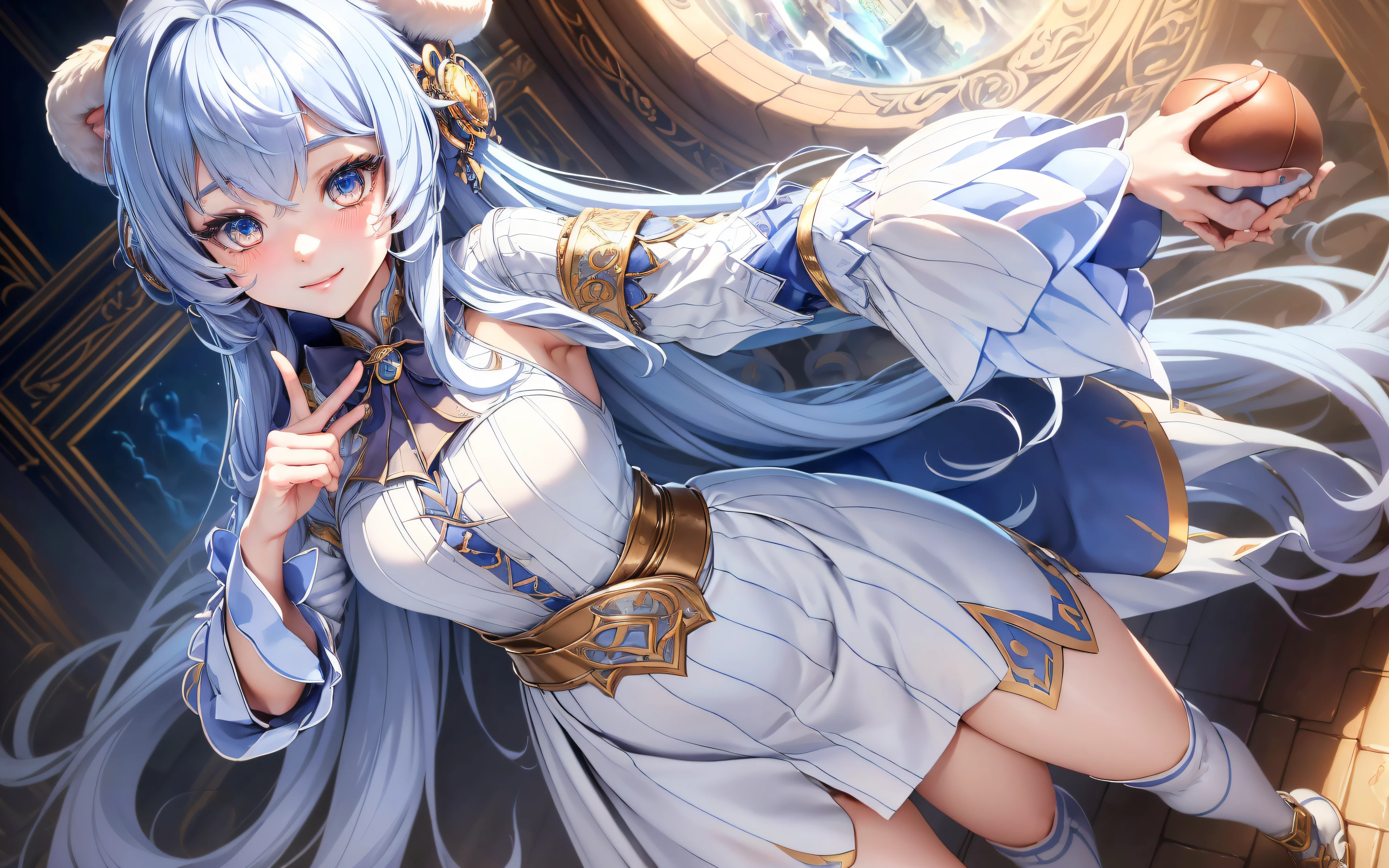 (Best picture quality, 8K, masterpiece: 1.3)), ((Cute girl Face, Both Eyes same)), ((One Girl, Beast Girl, Beast Ears, , Slightly Skinny, Long Hairs, Two legs)), ((Hide Fingers)), ((Cover Upper Part of Leg, Cover Thigh)), ((Perfect Face, Perfect Eyes, Bangs, Slim Cheeks, Perfect Lips)), ((Highly detailed face, Smile, standing on your feet：1.2)), ((Highly detailed facial and skin texture)), (White hair), (Full traditional clothes, wearing full clothes), (cute), (anime girl in a dress playing with balls, Football, magic, full dress, Long skirt, artwork, fantasy art style, art, closeup fantasy, Power Full, CGI anime fantasy artwork, art)