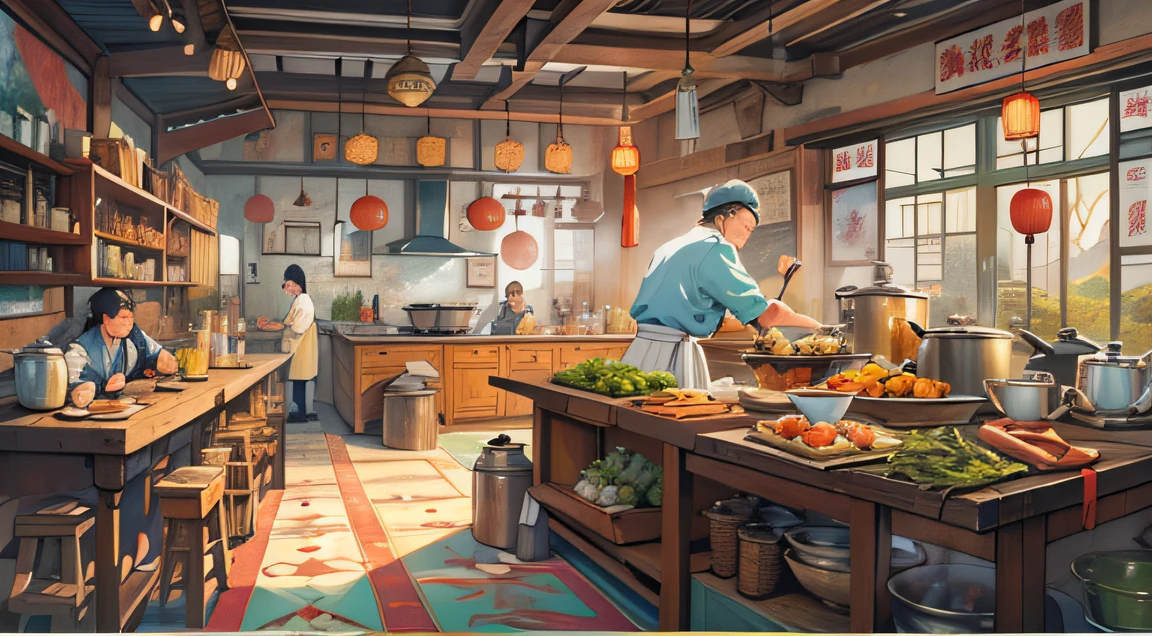 In the country kitchen, Many chefs are busy cooking, Full of ancient Chinese kitchen elements,In the style of Chinese painting, A realistic depiction of everyday life, Fauvist animator, photo-realistic techniques, Lively tavern scene, Sky blue and amber, depictions of labor ,16k, Best quality, Masterpiece, Super detail, High details