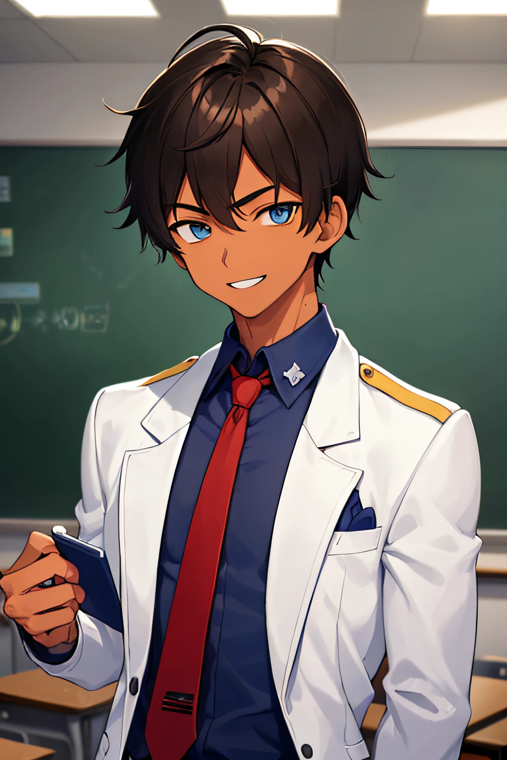 Teenage MAN, boy, (masterpiece, best quality), KujouCSA, break, 1boy, (Teenager), 15 years old, high school student, alone,  white school uniform, gray jacket, open jacket, red tie, sun tanned skin, (light tanned skin) toned pecs, muscular arms, bull neck, blue eyes, military haircut, smile, tanned skin, aesthetics, rest, look at viewer, upper body photo, Boku no Hero classroom, rest, brown hair dark, classroom classroom classroom classroom