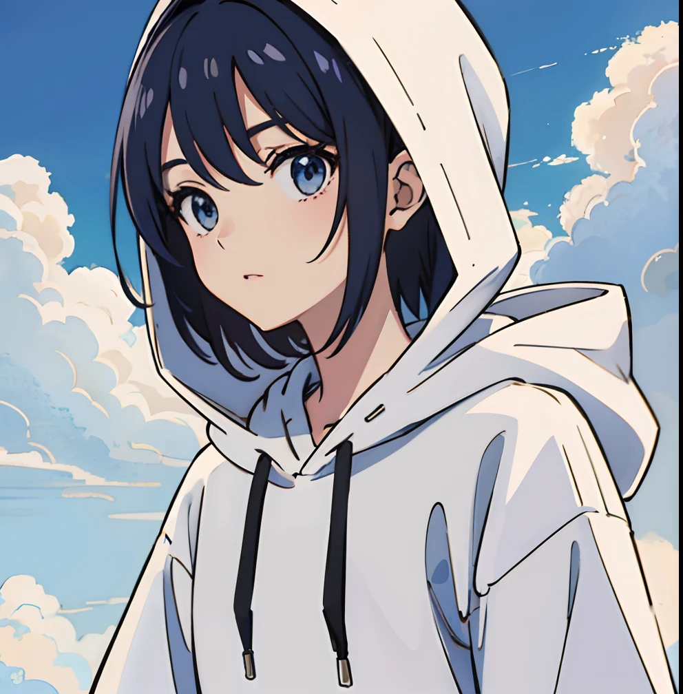 (top-quality、masterpiece) cool shoun Wear a white hoodie mystical sky 17 age Anime style