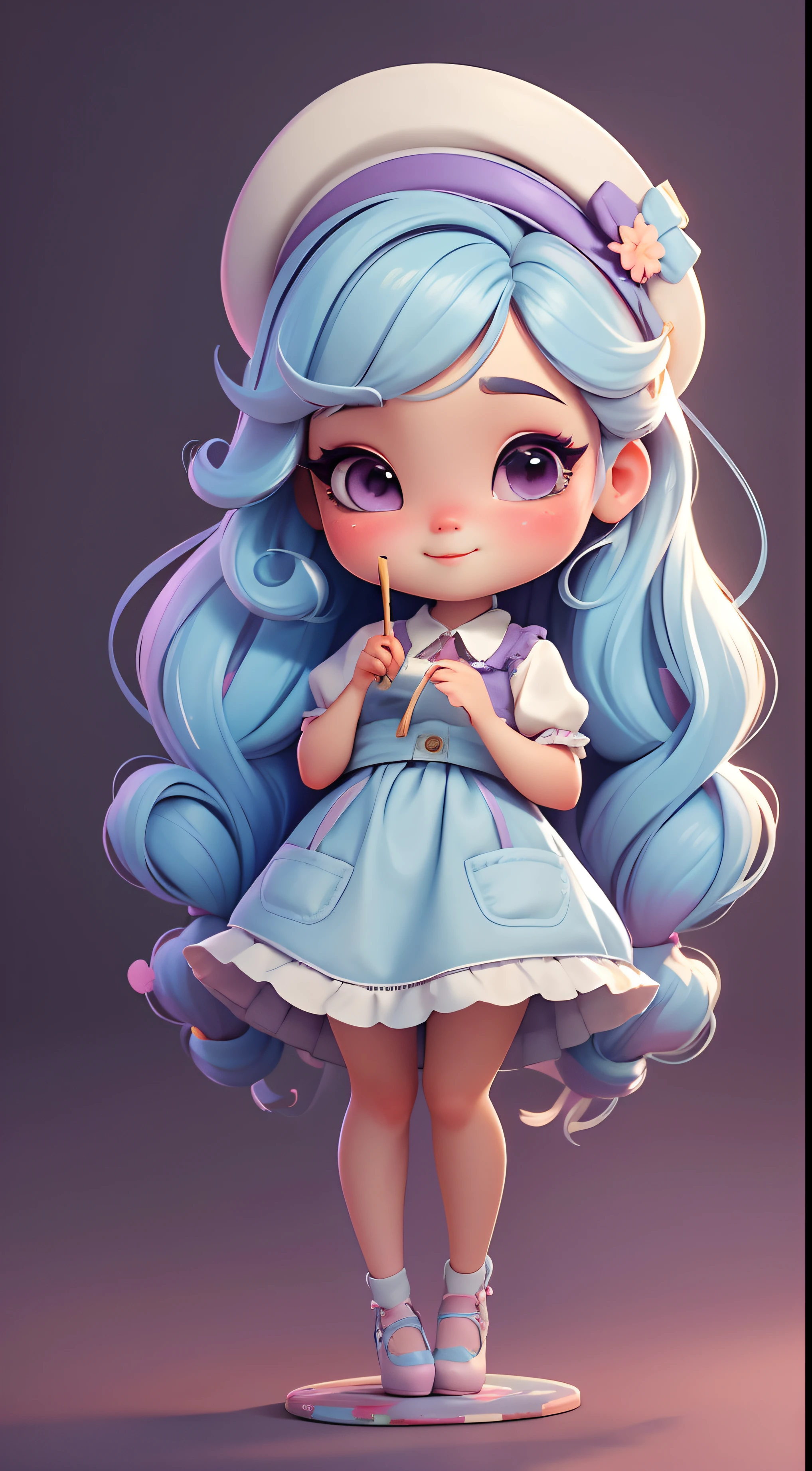 Create a series of cute chibi style dolls with the theme of cute painters, Each has a lot of detail and 8K resolution. All dolls should follow the same painted wallpaper pattern,And finish in the image, Pubic Area Showing (full bodyesbian, including legs: 1.5) Painter doll f: Call her Marina. She must have little rainbow-colored hair.Wearing a painter's hat,Hold a brush,Her eyes should be big,Very expressive, Long eyelashes and rosy cheeks. Delicate white smile. Sophie should wear colorful clothes, pastels, Lilac and purple tones and sweet details;. She should have a paintbrush in her hand. Be sure to add details to your clothes, Such as buttons and pockets, Cute shoes Make sure to add shadows, Texture and detail of hair, The clothes ar, Brushes and color palettes, Make them more cute and charming.