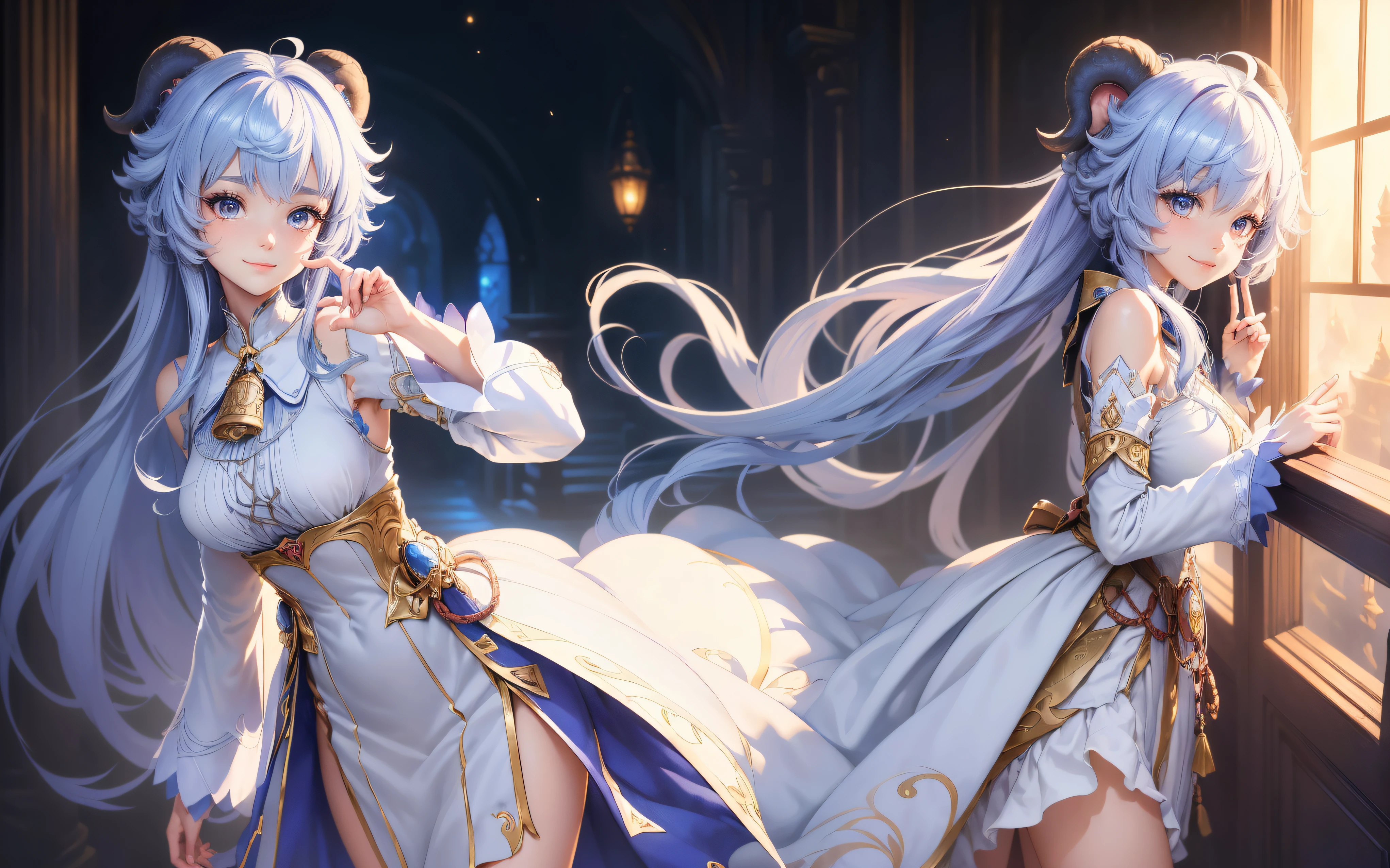 (Best picture quality, 8K, masterpiece: 1.3)), ((Cute girl Face, Both Eyes same)), ((One Girl, Beast Girl, Beast Ears, , Slightly Skinny, Long Hairs, Two legs)), ((Hide Fingers)), ((Cover Upper Part of Leg, Cover Thigh)), ((Perfect Face, Perfect Eyes, Bangs, Slim Cheeks, Perfect Lips)), ((Highly detailed face, Smile, standing on your feet:1.2)), ((Highly detailed facial and skin texture)), (White hair), (Full traditional clothes, wearing full clothes), (cute), (anime girl in a dress, magic, full dress, Long skirt, artwork, fantasy art style, art, closeup fantasy, Power Full, CGI anime fantasy artwork, art)