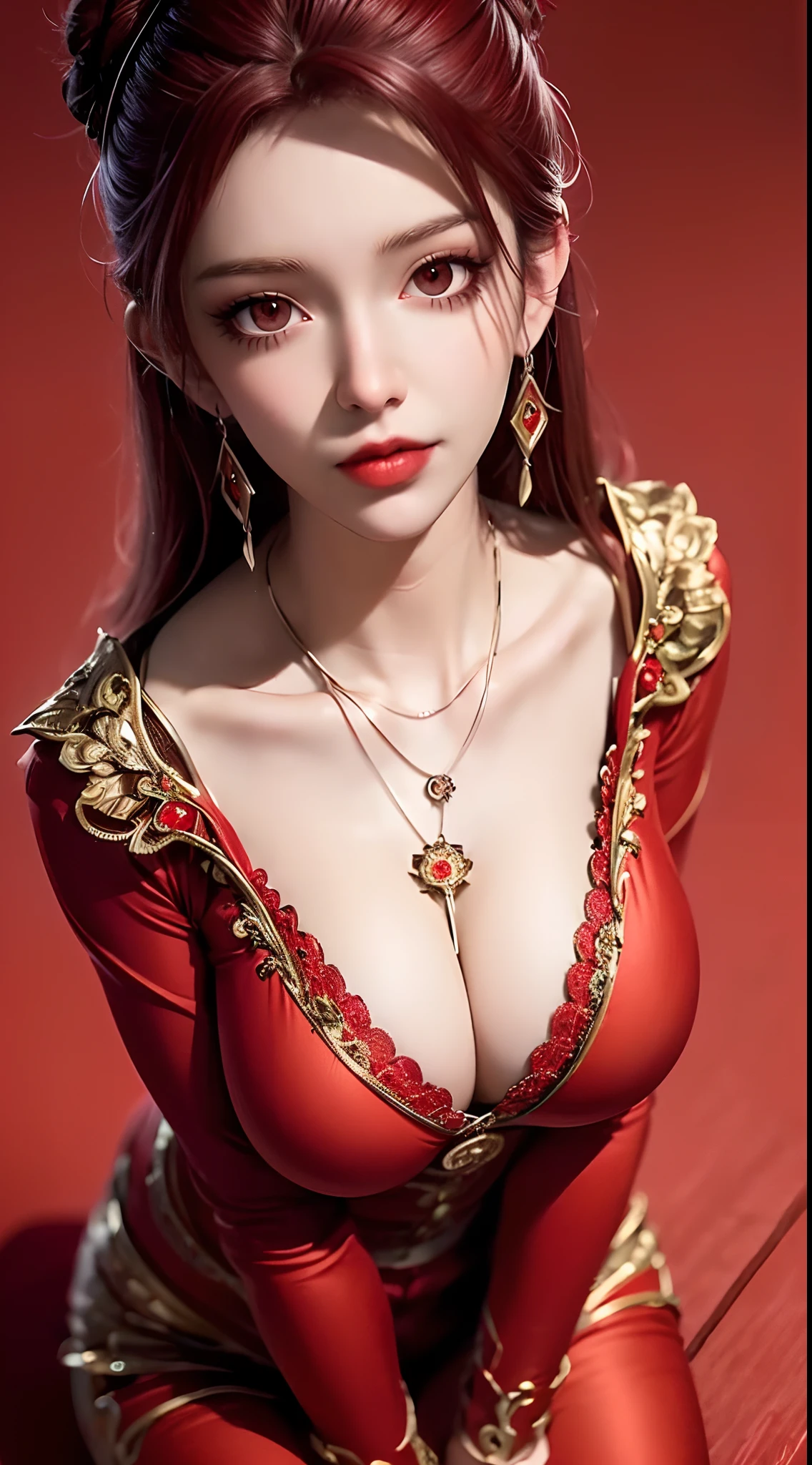 1 beautiful and sexy 20 year old girl, ((wearing a red suit of ancient armor:1.6)), dress with diamonds, ((long Red brown hair:1.6)), elaborate jewelry made from stones noble and beautiful hair, ((wearing a black lace necklace:1.4))), noble, noble style of an extremely beautiful girl, super cute little face, very pretty face, fur thin eyebrows, flawless beautiful face, ((black eye pupils: 0.8)), very beautiful eyes, ((Red brown eyes: 1.6)), ((effect of sparkling eyes on both sides: 1.8)), beautiful makeup and detailed hairdo, eyelashes, eye makeup wet, high nose, earrings, red lips, ((closed mouth: 1;5 )) beautiful lips, slim hands, ((arms spread out to the sides: 1.5)), rosy face, clean face, flawless beautiful face, smooth white skin, (big breasts: 1.5)), ((high breasts: 1.6)), firm breasts, nice cleavage, (((big and super round breasts: 1.8))) , ((super firm breasts: 1.7)) , beautiful breasts, perfect body, (((sitting position, leaning back and hands behind: 1.5))), ((chest puffed out: 1.5)) , don't be shy, 8k photos, super high quality, super realistic, super 10x pixels, optical, bright studio, bright edges, two-tone lighting, (high detail skin:1.2), super 8k, soft lighting , high quality, volumetric light, optical, optical high resolution, light, best photo, 4k, 8k quality, blur effect, smooth sharpness, 10 x pixels, ((flower red background:1.5)), aurora, lightning, super realistic graphics, most realistic graphics, alone, solo, Extremely sharp, surreal images, (((frontal portrait: 1.4)))."