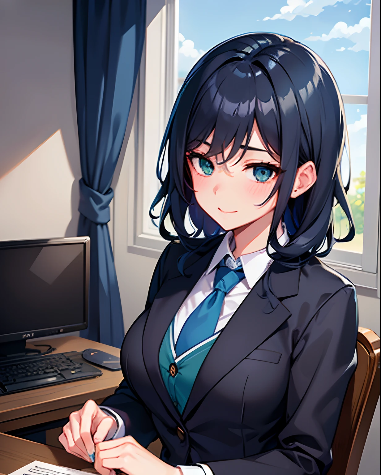 (solo, girl, friendly looking buisness woman, black blue dyed curly hair, dark green eyes, medium bust, round body type, nose piercing), (wearing, dark blue suit, light blue ribbon tie), sitting ontop of a desk with her hands off to the sides, happily, excitedly, blushing. the image will be a hopeful, comfortable looking workplace with natural lighting, image: best quality, anime style
