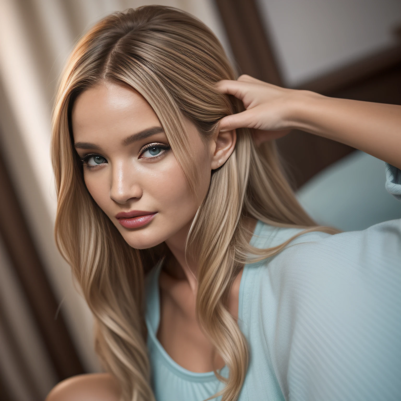 8k photography of a woman, European blonde, Rosie Huntington, Angelina Jolie lips around big eyes, blue gray bangs, hair long blonde on the shoulders, Uma mulher jovem e bonita, blonde hair that falls gently in waves up to the shoulders, altura mediana, olhos grandes e verdes, pele clara, she's in her pyjamas, ela esta em sua cama, fazendo cuidados com a pela antes de dormir, The environment is illuminated with lights of warm and pleasant colors making your hair shine, seu semblante esta naturalmente sereno, lips with red lipstick, Textura 8K, altamente detalhados, realista, soft  Cinematic Light, HDR, sharp fokus, obra-prima, fotorrealista, fotografia premiada, Canon EOS R5, 35 mm