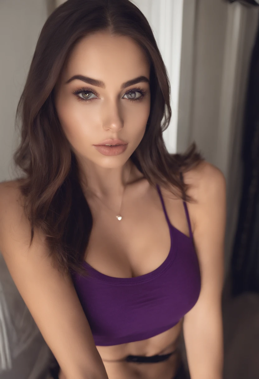 arafed woman with matching tank top and panties, sexy girl with brown eyes, portrait sophie mudd, brown hair and large eyes, selfie of a young woman, bedroom eyes, violet myers, without makeup, natural makeup, looking directly at the camera, face with artgram, subtle makeup, stunning full body shot, in bedroom, C-cup cleavage