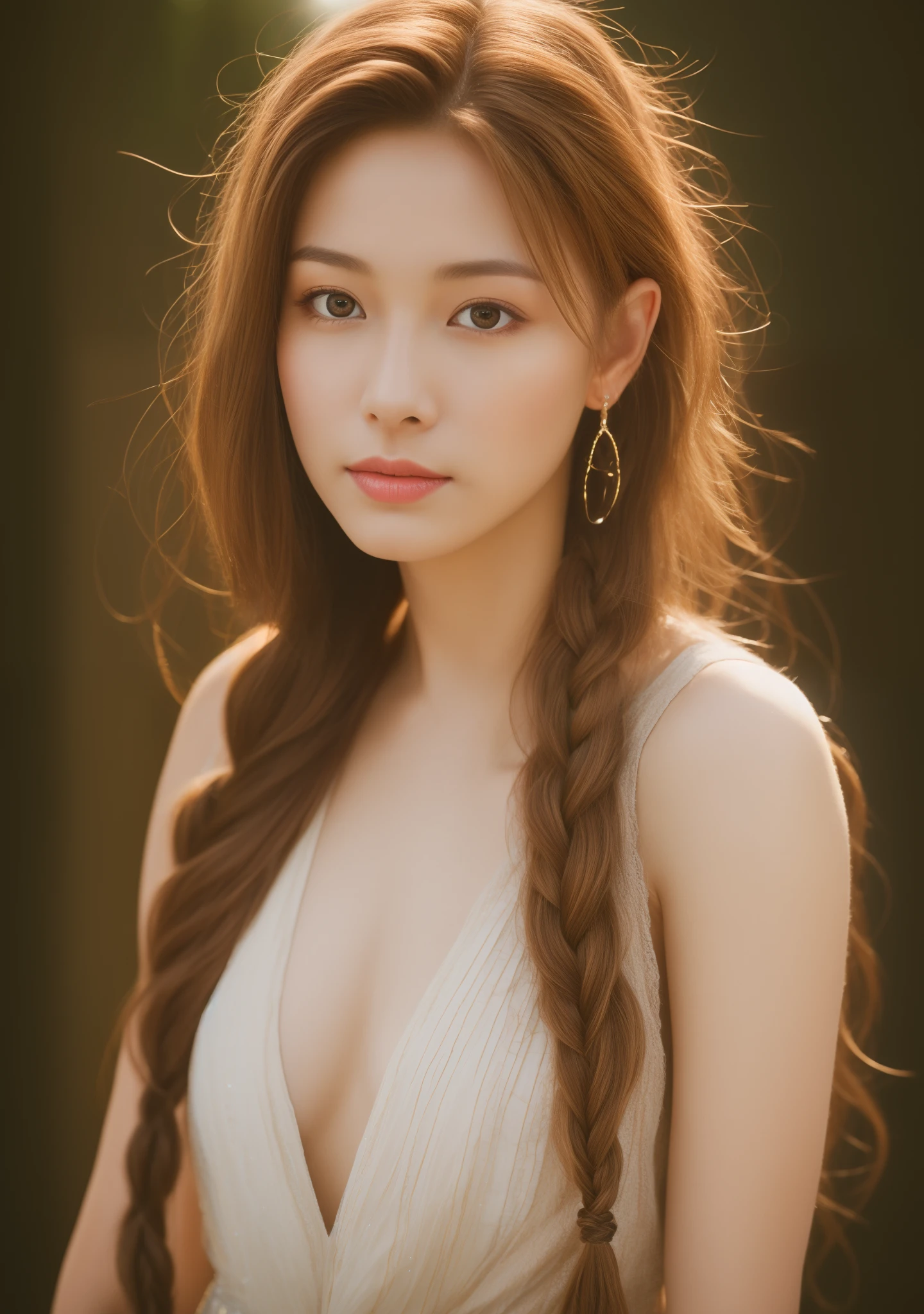 Long light brown braided hair、Small cleavage、(High Detail Skin)、8K UHD、Digital SLR、Soft lighting、hightquality、80mm、Hasselblad、HDR Caswin Pictures