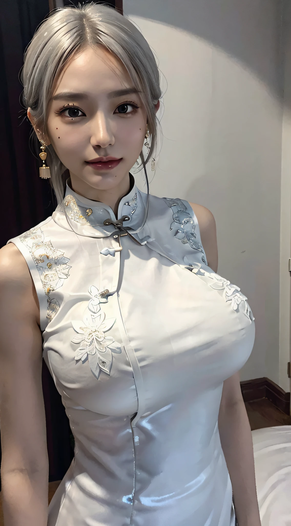 (very huge round breasts:1.6), (full body:1.3), (white bronze hair:1.3), (Cheongsam:1.4), extremely delicate and beautiful, masterpiece, Best Quality, ultra high resolution, 16k, Photorealistic, ultra-detailed, Very detailed CG 8k wallpaper, Beautiful Lighting, Perfect Lightning, Realistic Shadows, anatomically correct, Detailed shiny skin, perfect figure, Latino, late 20s, Slim body, Slim abdomen, small head, handsome detailed woman, very detailed eyes and face, realistic face proportions, Stunning detailed eyes, Realistic small beautiful face, Realistic small beautiful eyes, double eyelids, makeup, tearful mole, mole on chest, earring, short wavy hair, sleeveless, at bed, ribbon tie, skirt,