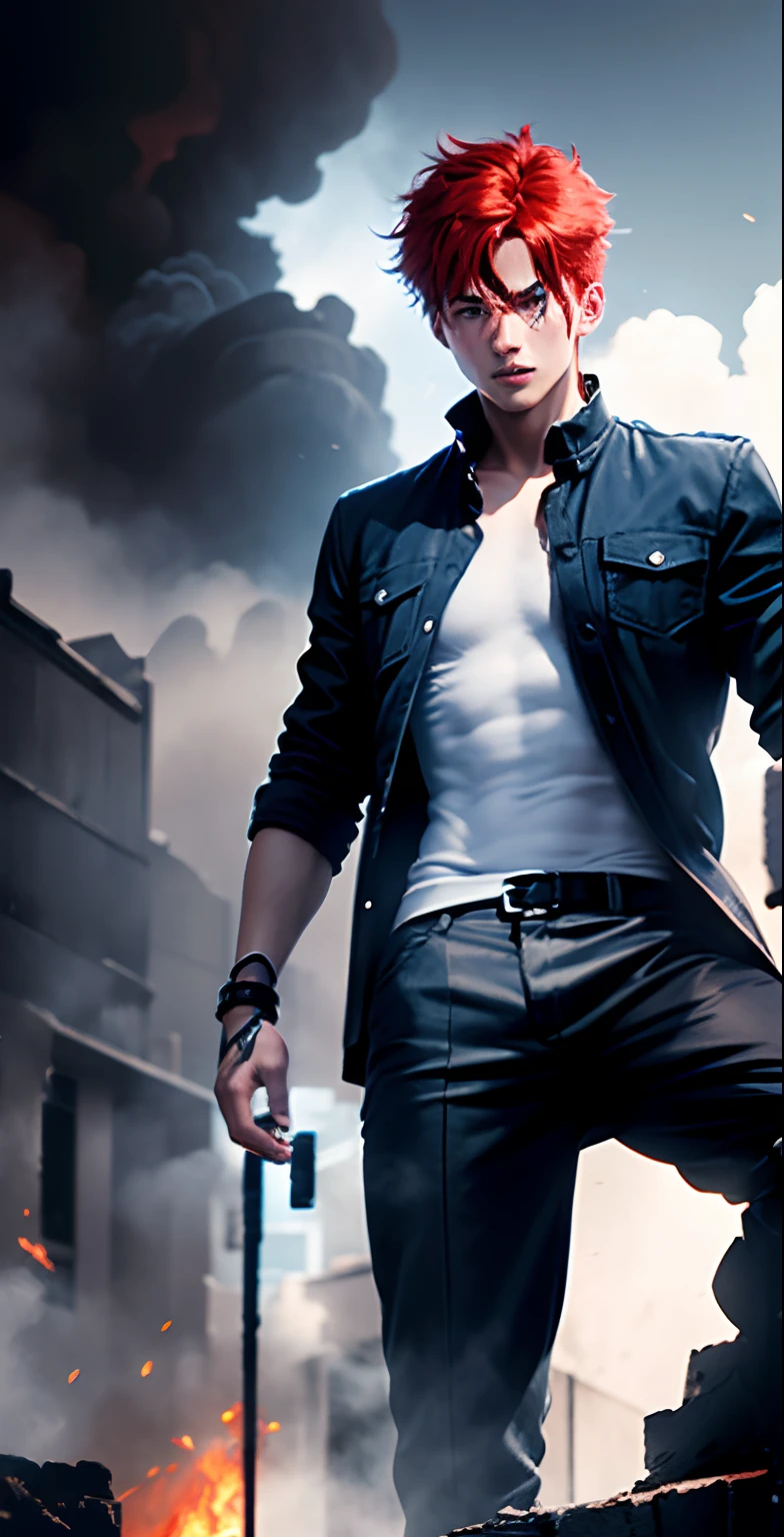 A young man with red hair has vibrant blue eyes in a black and white outfit high on a burning building