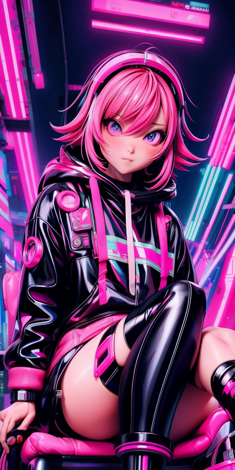 anime girl with pink hair sitting on a chair in a neon city, cyberpunk anime girl in hoodie, cyberpunk anime girl, anime style 4 k, anime cyberpunk art, best anime 4k konachan wallpaper, digital cyberpunk anime art, female cyberpunk anime girl, digital cyberpunk - anime art, cyberpunk anime art, anime cyberpunk, cyberpunk streetwear, cyberpunk art style
