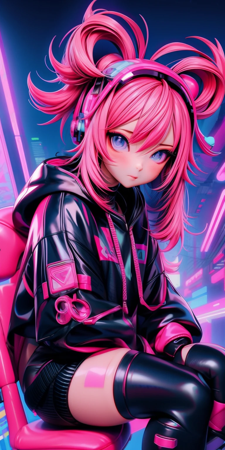 anime girl with pink hair sitting on a chair in a neon city, cyberpunk anime girl in hoodie, cyberpunk anime girl, anime style 4 k, anime cyberpunk art, best anime 4k konachan wallpaper, digital cyberpunk anime art, female cyberpunk anime girl, digital cyberpunk - anime art, cyberpunk anime art, anime cyberpunk, cyberpunk streetwear, cyberpunk art style