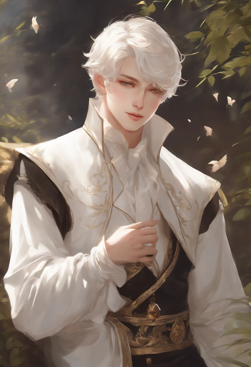 Delicate face, Downshot, Thick Acrylic, Illustration pixiv, by Kawassie, John Singer, Sargent, masutepiece, Upper body, king, One, Boy, Two hands, White eyes, white short hair,, pale white skin, Beautiful face, God Light, white, Shirt, Rich details, High quality, dregs,, fall,8K, ultra-detailliert, Latest pixiv, Illustrations, dynamicposes, Dynamic angles,, Gorgeous light and shadows, Transparency,, detailed ornament, Detail line, Mysterious,, Fantasy, Magic, SHINES,