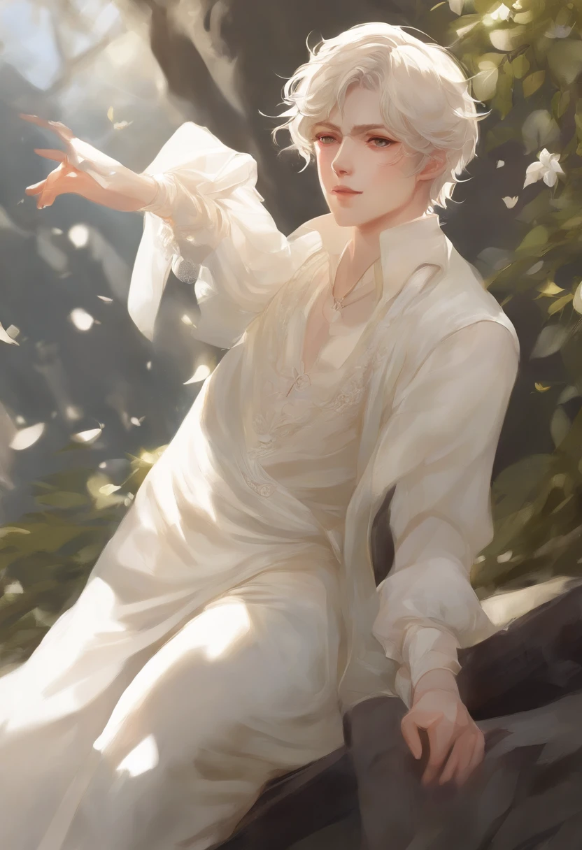 Delicate face, Downshot, Thick Acrylic, Illustration pixiv, by Kawassie, John Singer, Sargent, masutepiece, Upper body, king, One, Boy, Two hands, White eyes, white short hair,, pale white skin, Beautiful face, God Light, white, Shirt, Rich details, High quality, dregs,, fall,8K, ultra-detailliert, Latest pixiv, Illustrations, dynamicposes, Dynamic angles,, Gorgeous light and shadows, Transparency,, detailed ornament, Detail line, Mysterious,, Fantasy, Magic, SHINES,