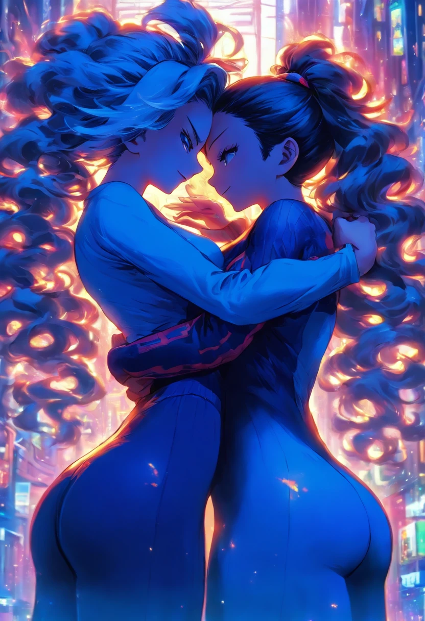 2mujeres,Hugging,5 metros de altura, piel clara, pantalones leggins ajustados, pelo color azul, grandes muslos, gran trasero, buena figura, mirando al espectador, mirada traviesa, grandes pechos