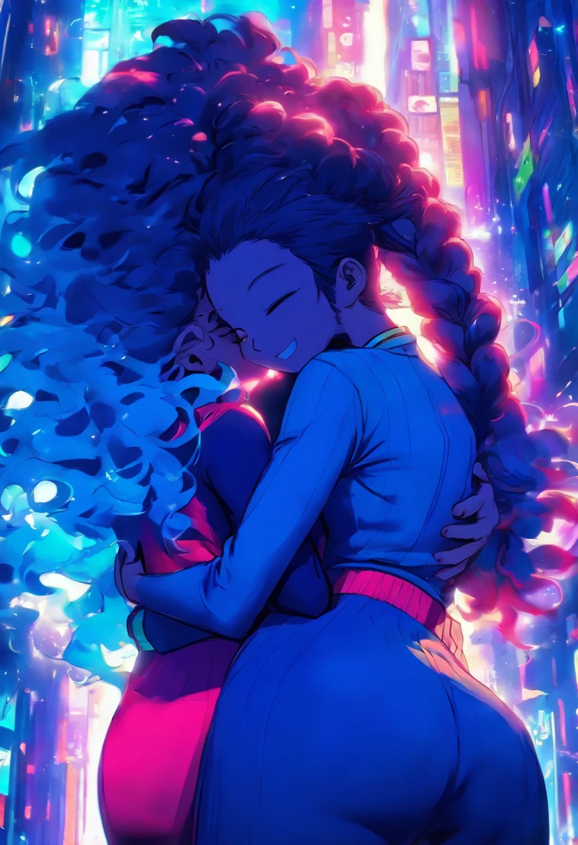 2mujeres,Hugging,5 metros de altura, piel clara, pantalones leggins ajustados, pelo color azul, grandes muslos, gran trasero, buena figura, mirando al espectador, mirada traviesa, grandes pechos