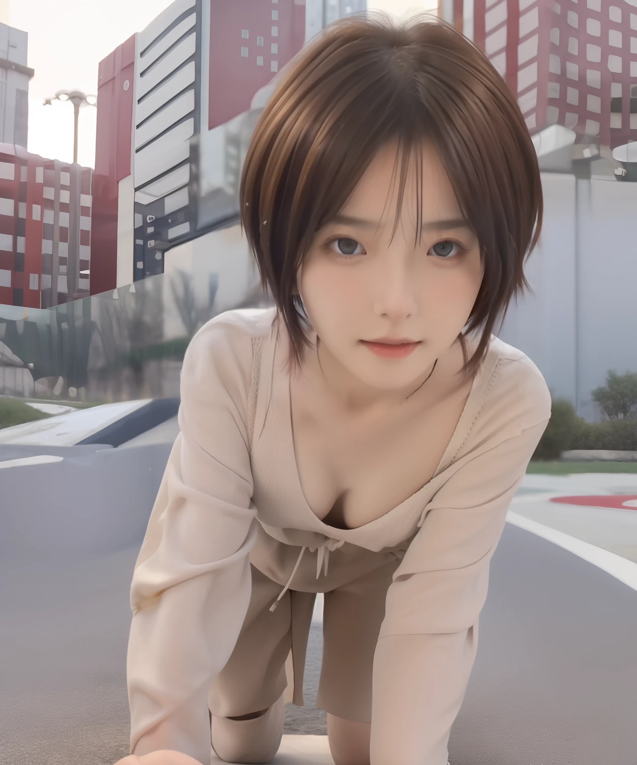 NSFW,realisitic,A detailed face、Lifelike face、Beautiful body、Woman on all fours with eyes raised, Shy, fullnude,small tits, An ultra-high picture quality,Open your crotch to show your crotch,8K,short cut hair,beautiful a girl