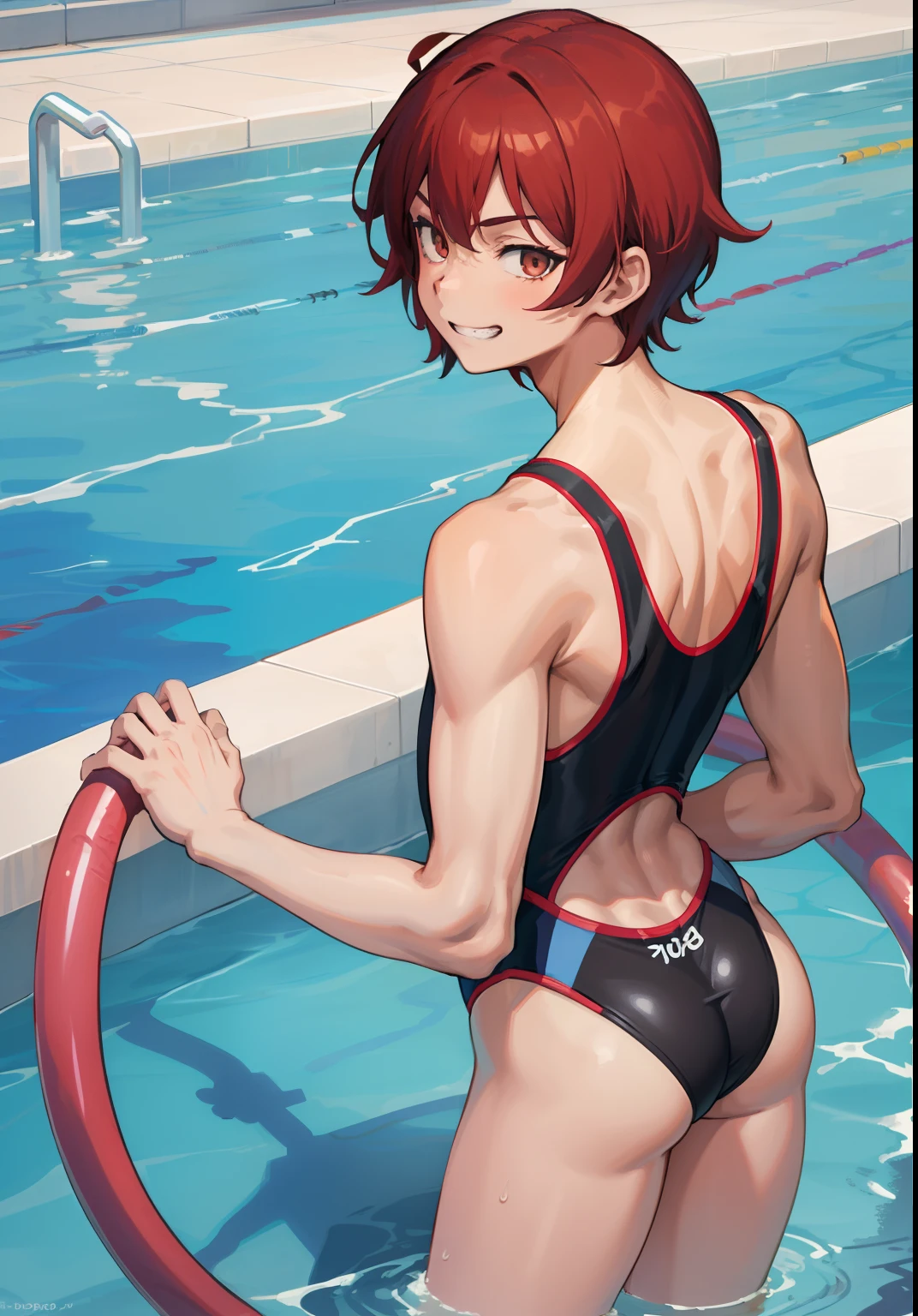 Anime boy in swimsuit standing in pool, onepiece swimsuit, High-cut swimwear, U-back swimsuit, rating:safe, solo, smile, Boy with short red hair, Boy standing by the pool, Competitive swimsuit, grin, looking_at_viewer, Show your ass, , Cool boy in black and red tank suit,A boy is looking back , cowboy_shot, shiny, shiny_hair, Boy with brown eyes, water, bangs, indoors, garments:High-cut swimwear, from_behind, from_side, pool_ladder, legs_together, highleg
