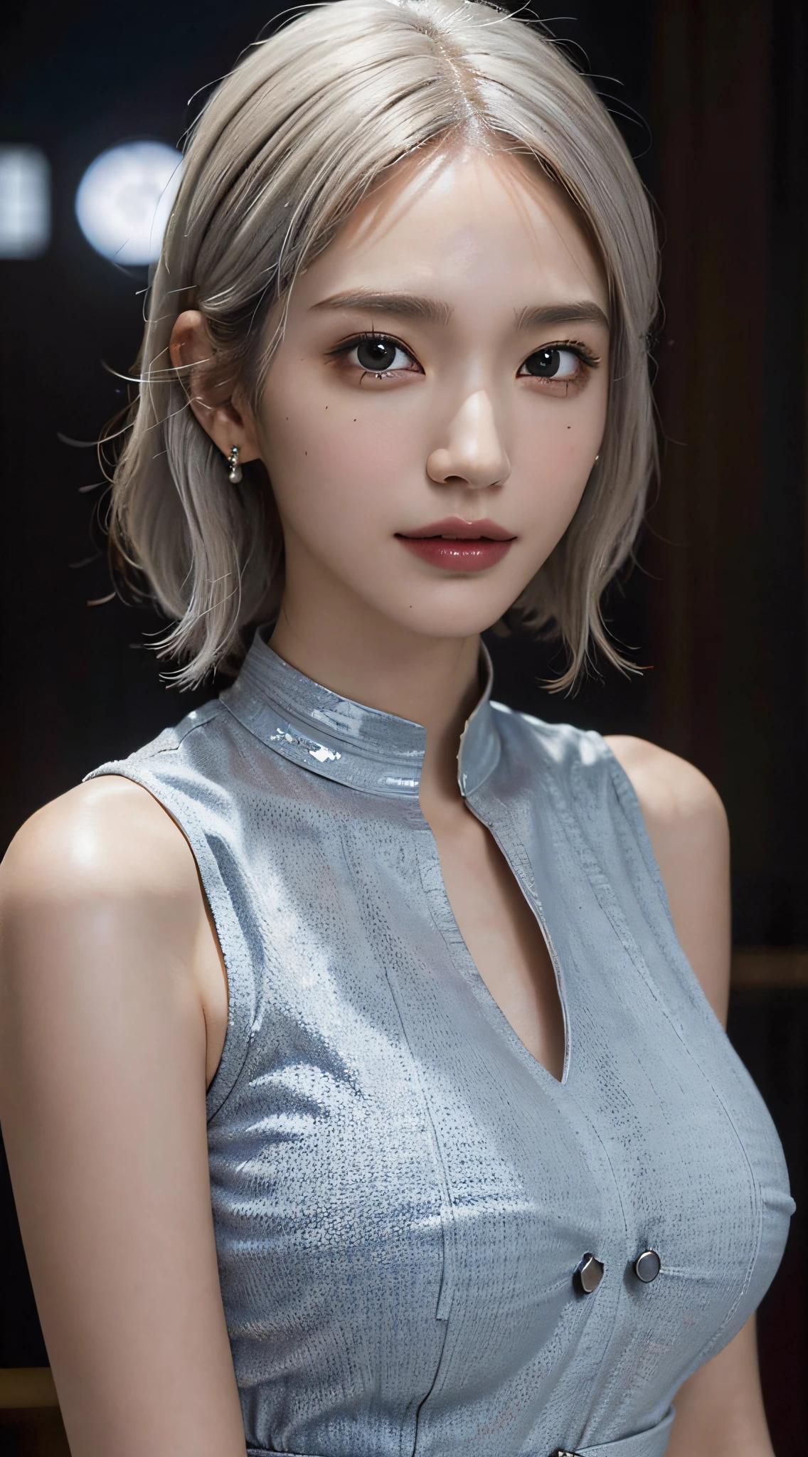 (very huge round breasts:1.5), (full body:1.5), (white bronze hair:1.3), (doctor:1.4), extremely delicate and beautiful, masterpiece, Best Quality, ultra high resolution, 16k, Photorealistic, ultra-detailed, Very detailed CG 8k wallpaper, Beautiful Lighting, Perfect Lightning, Realistic Shadows, anatomically correct, Detailed shiny skin, perfect figure, Latino, late 20s, Slim body, Slim abdomen, small head, handsome detailed woman, very detailed eyes and face, realistic face proportions, Stunning detailed eyes, Realistic small beautiful face, Realistic small beautiful eyes, double eyelids, makeup, tearful mole, mole on chest, earring, short wavy hair, sleeveless, at bed,